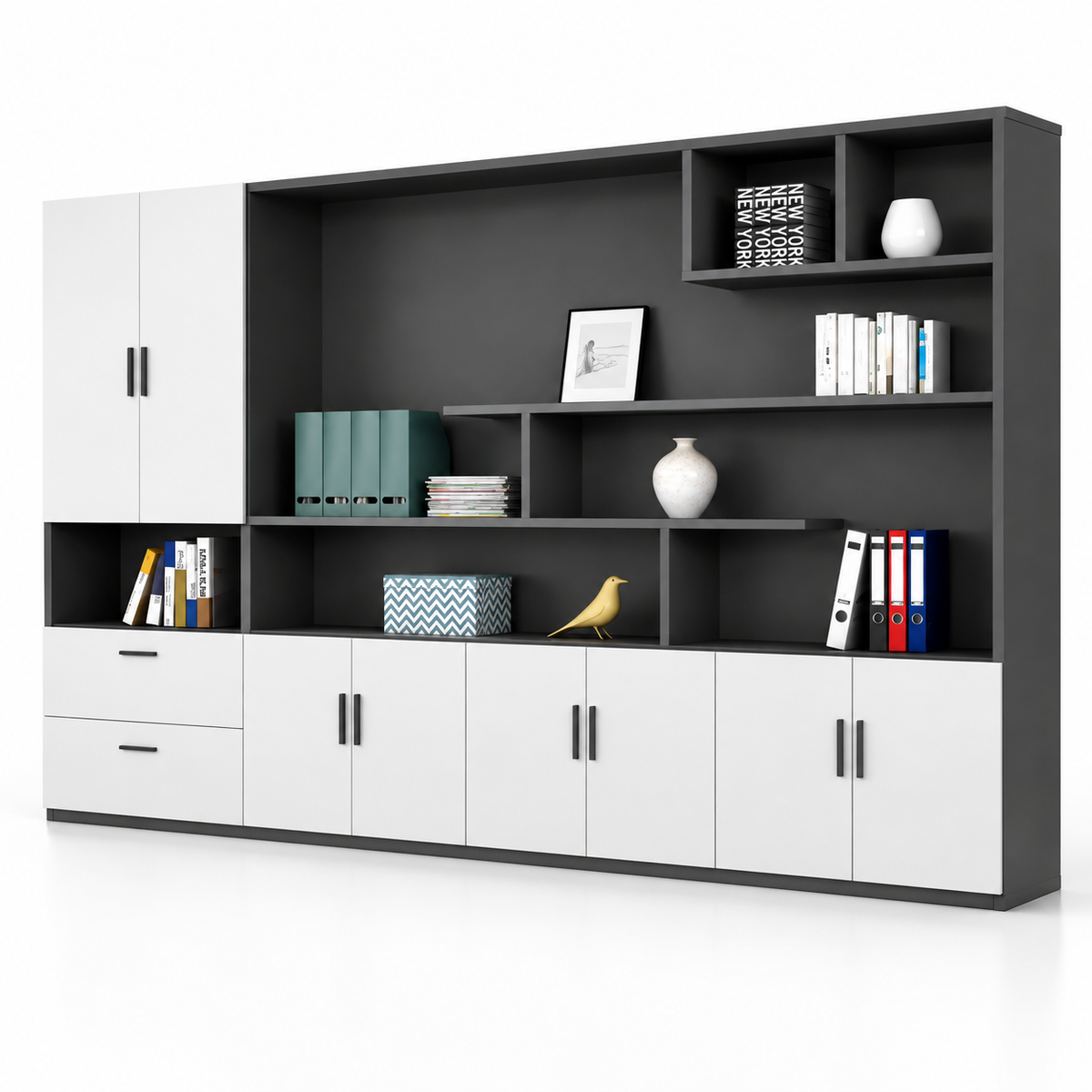 Modern Office Back Storage Unit with Open Display Shelves, Closed Cabinets, File Drawers and Space-Saving Design for Workspaces