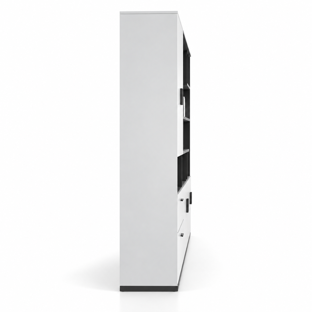 Modern Office Back Storage Unit with Open Display Shelves, Closed Cabinets, File Drawers and Space-Saving Design for Workspaces