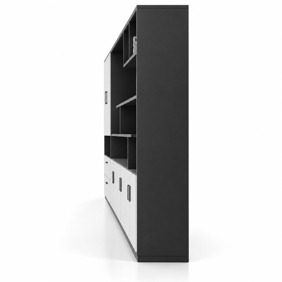 Modern Office Back Storage Unit with Open Display Shelves, Closed Cabinets, File Drawers and Space-Saving Design for Workspaces