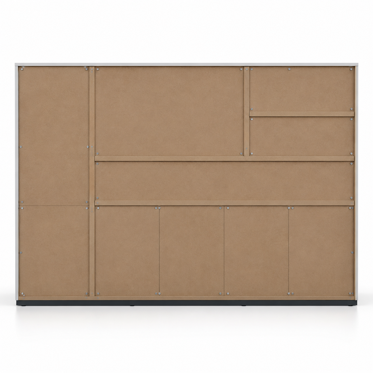 Modern Office Back Storage Unit with Open Display Shelves, Closed Cabinets, File Drawers and Space-Saving Design for Workspaces