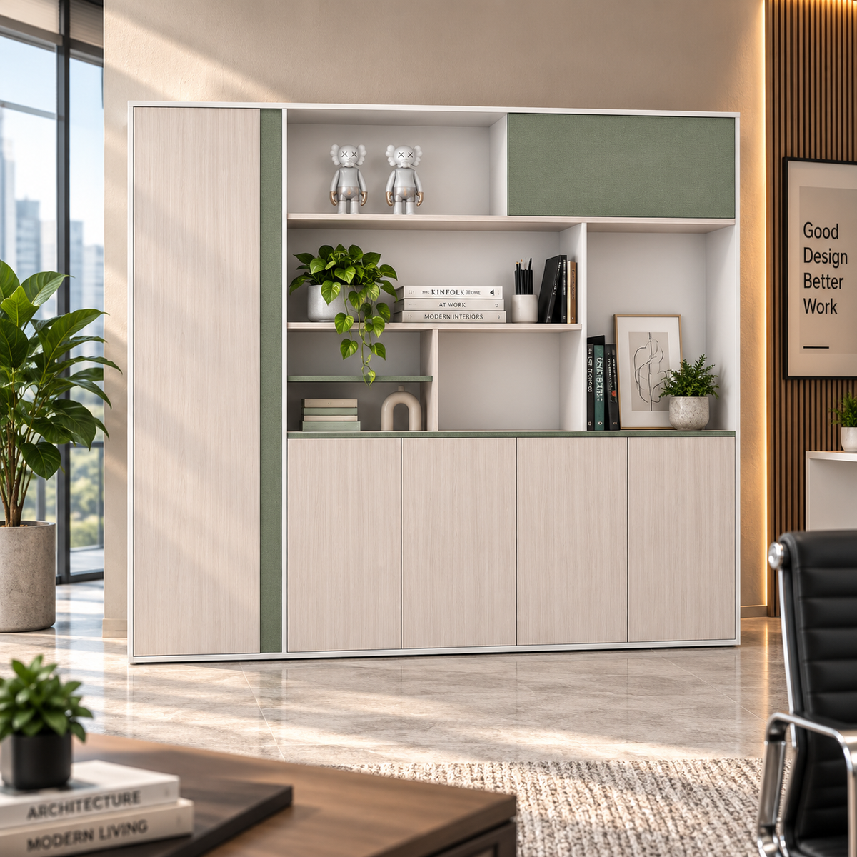 Modern Office Sideboard Cabinet with Open Display Shelves, Tall Side Storage, Closed Cabinets and Stylish Two-Tone Design for Workspaces