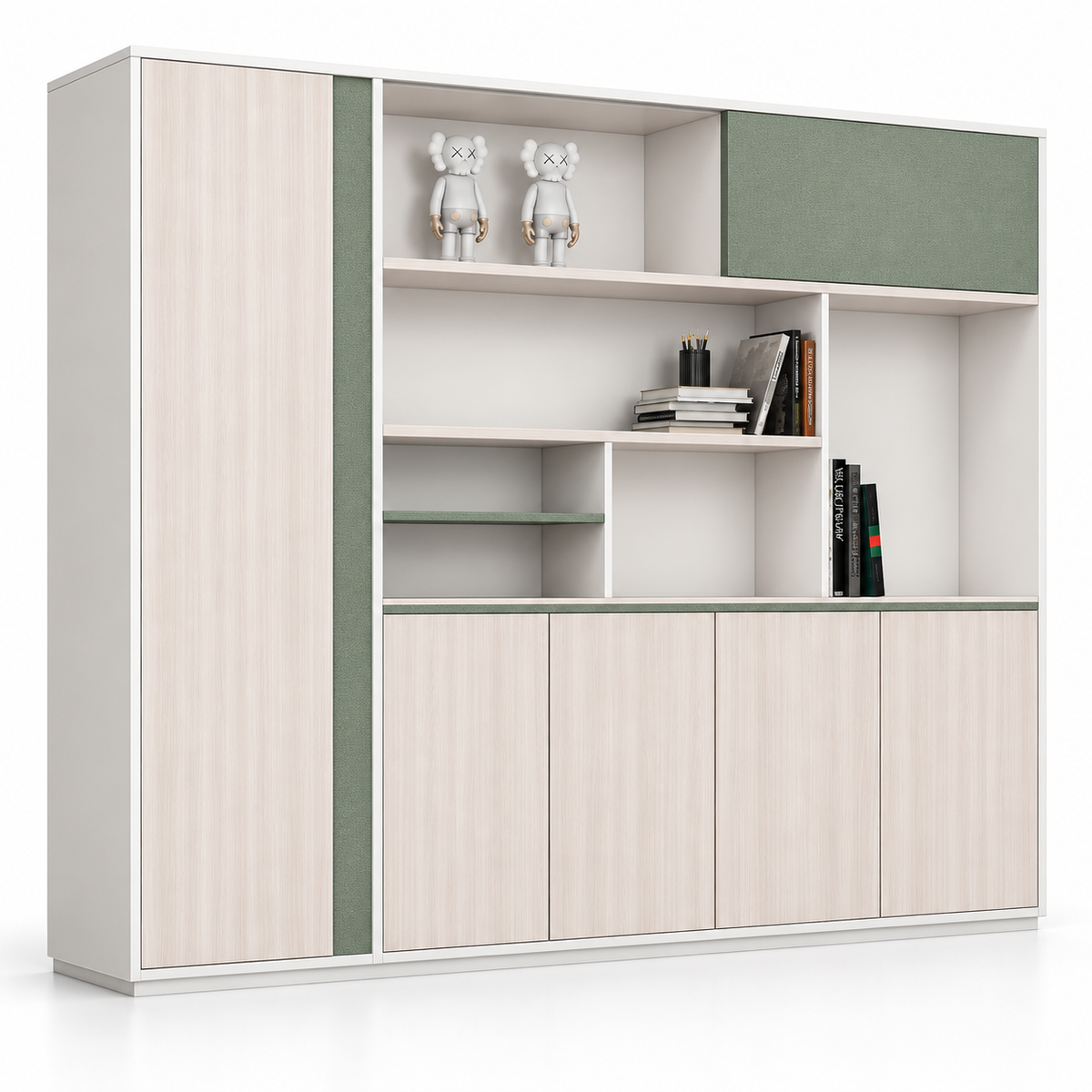 Modern Office Sideboard Cabinet with Open Display Shelves, Tall Side Storage, Closed Cabinets and Stylish Two-Tone Design for Workspaces