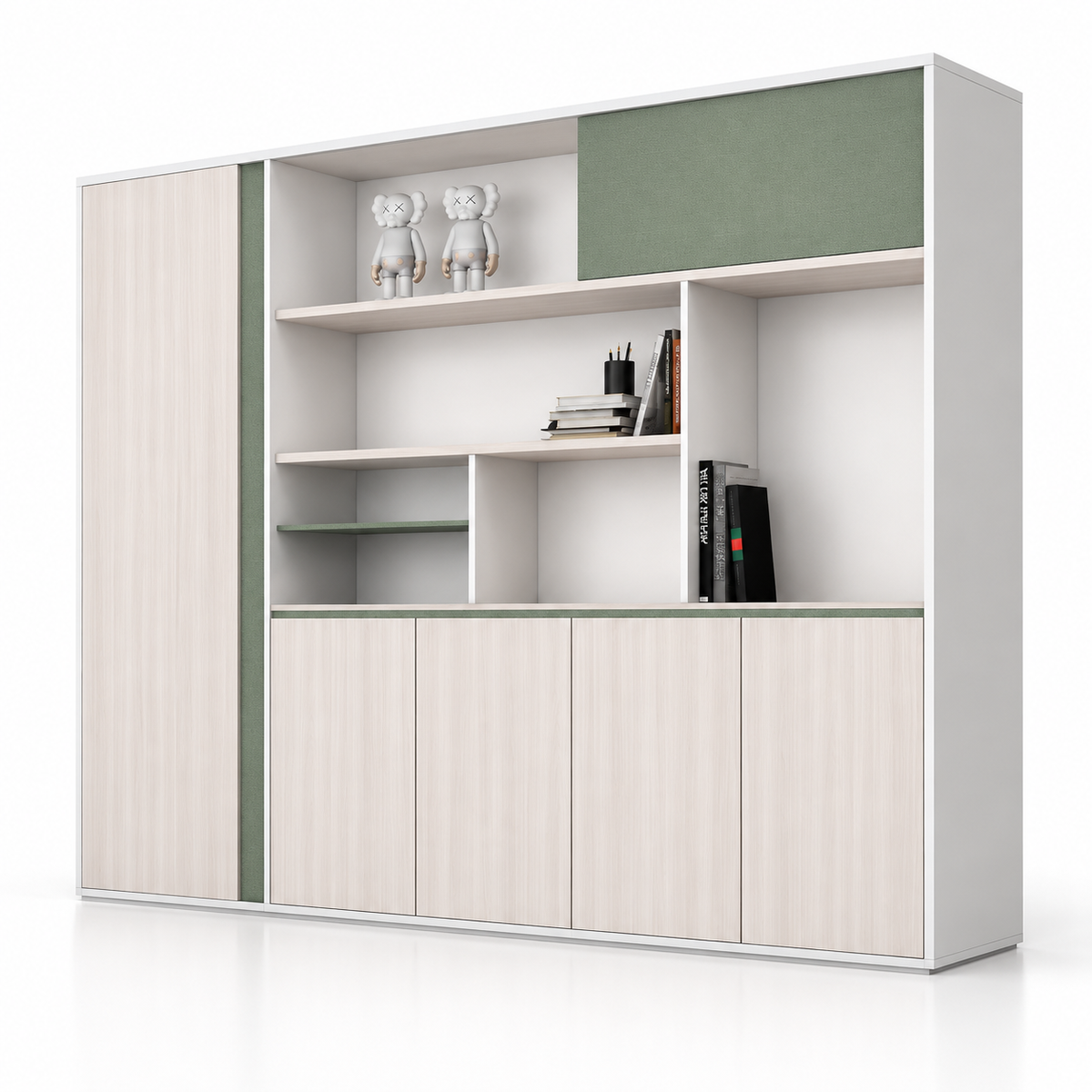 Modern Office Sideboard Cabinet with Open Display Shelves, Tall Side Storage, Closed Cabinets and Stylish Two-Tone Design for Workspaces