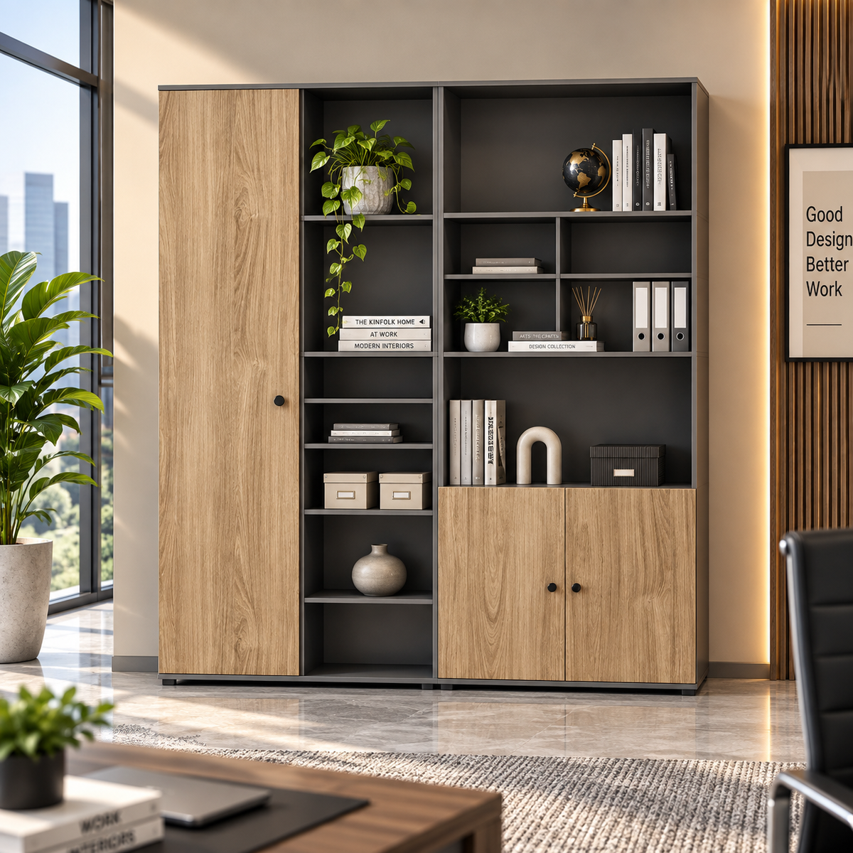 Modern Office Storage Cabinet with Open Display Shelves, Tall Side Cupboard and Closed File Storage for Home and Professional Workspaces