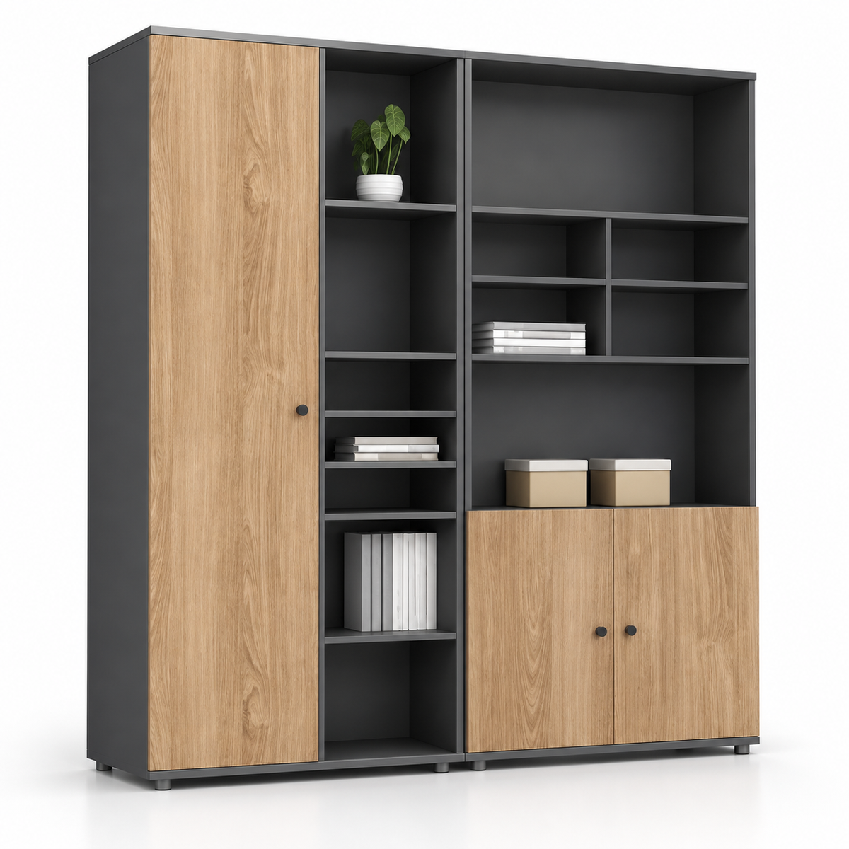 Modern Office Storage Cabinet with Open Display Shelves, Tall Side Cupboard and Closed File Storage for Home and Professional Workspaces