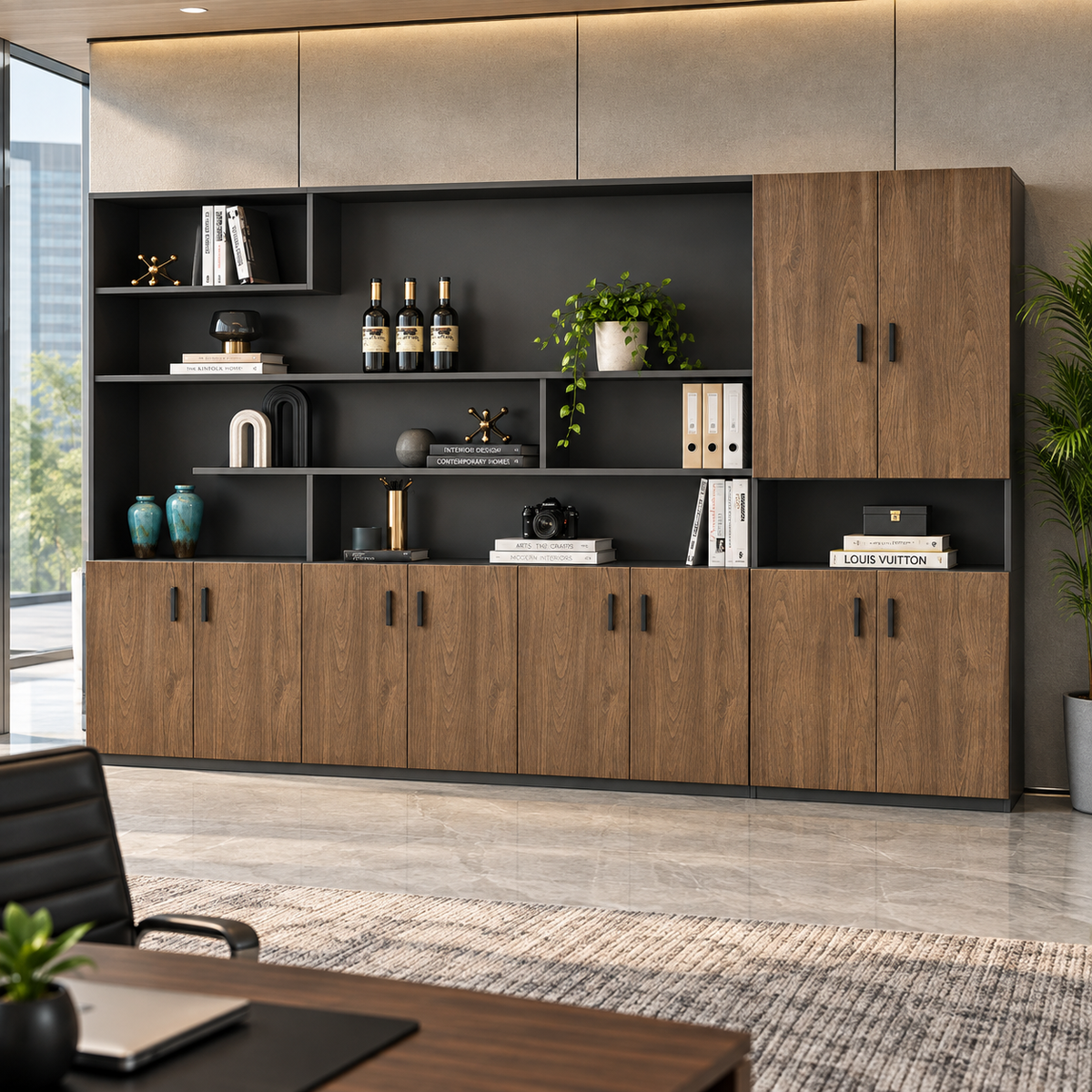 Modern Office Back Storage Unit with Open Display Shelves, Closed Cabinets and Multi-Level File Storage for Director Cabins and Workspaces