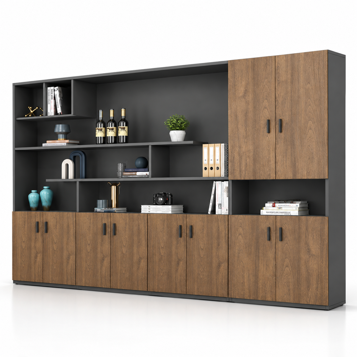 Modern Office Back Storage Unit with Open Display Shelves, Closed Cabinets and Multi-Level File Storage for Director Cabins and Workspaces