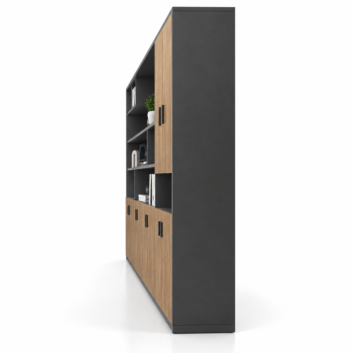Modern Office Back Storage Unit with Open Display Shelves, Closed Cabinets and Multi-Level File Storage for Director Cabins and Workspaces