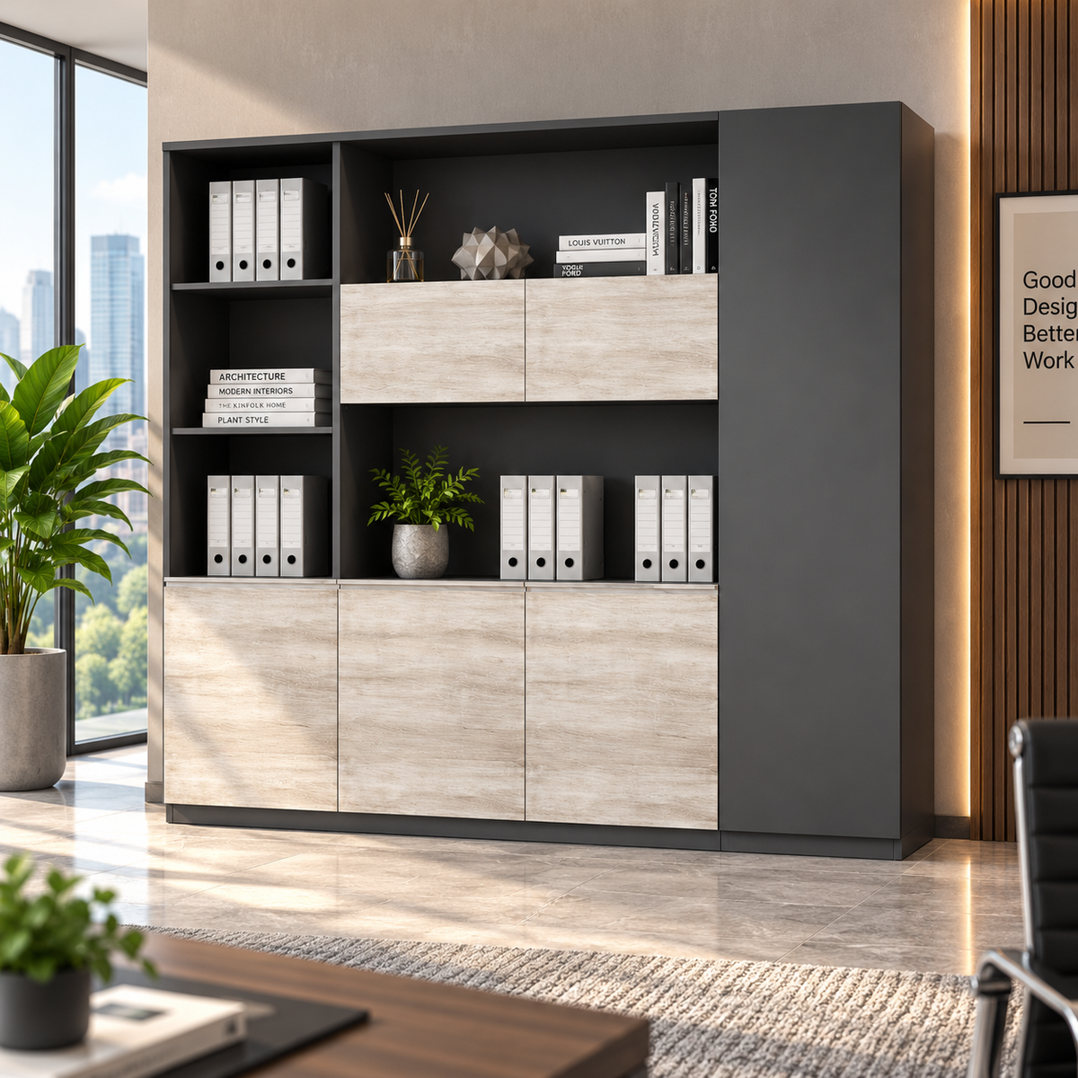 Modern Office Back Storage Unit with Open Display Shelves, Tall Side Cabinet and Closed File Storage for Director Cabins