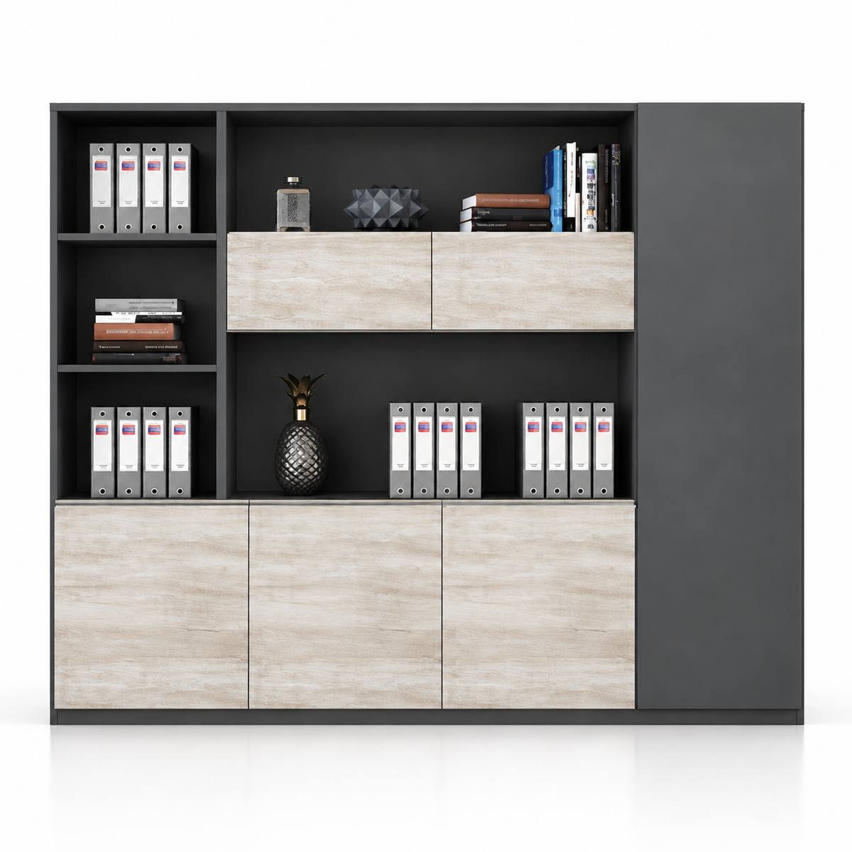 Modern Office Back Storage Unit with Open Display Shelves, Tall Side Cabinet and Closed File Storage for Director Cabins