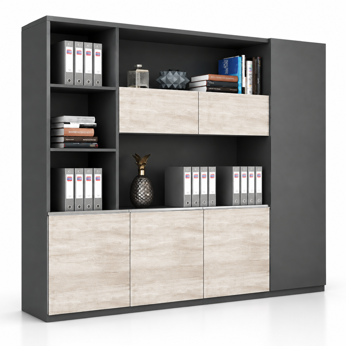 Modern Office Back Storage Unit with Open Display Shelves, Tall Side Cabinet and Closed File Storage for Director Cabins