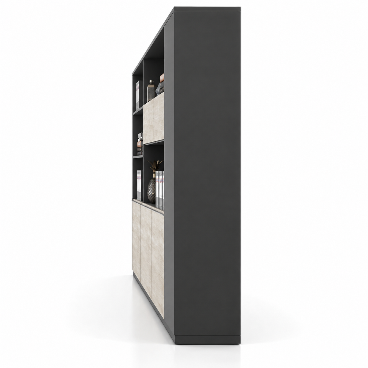 Modern Office Back Storage Unit with Open Display Shelves, Tall Side Cabinet and Closed File Storage for Director Cabins