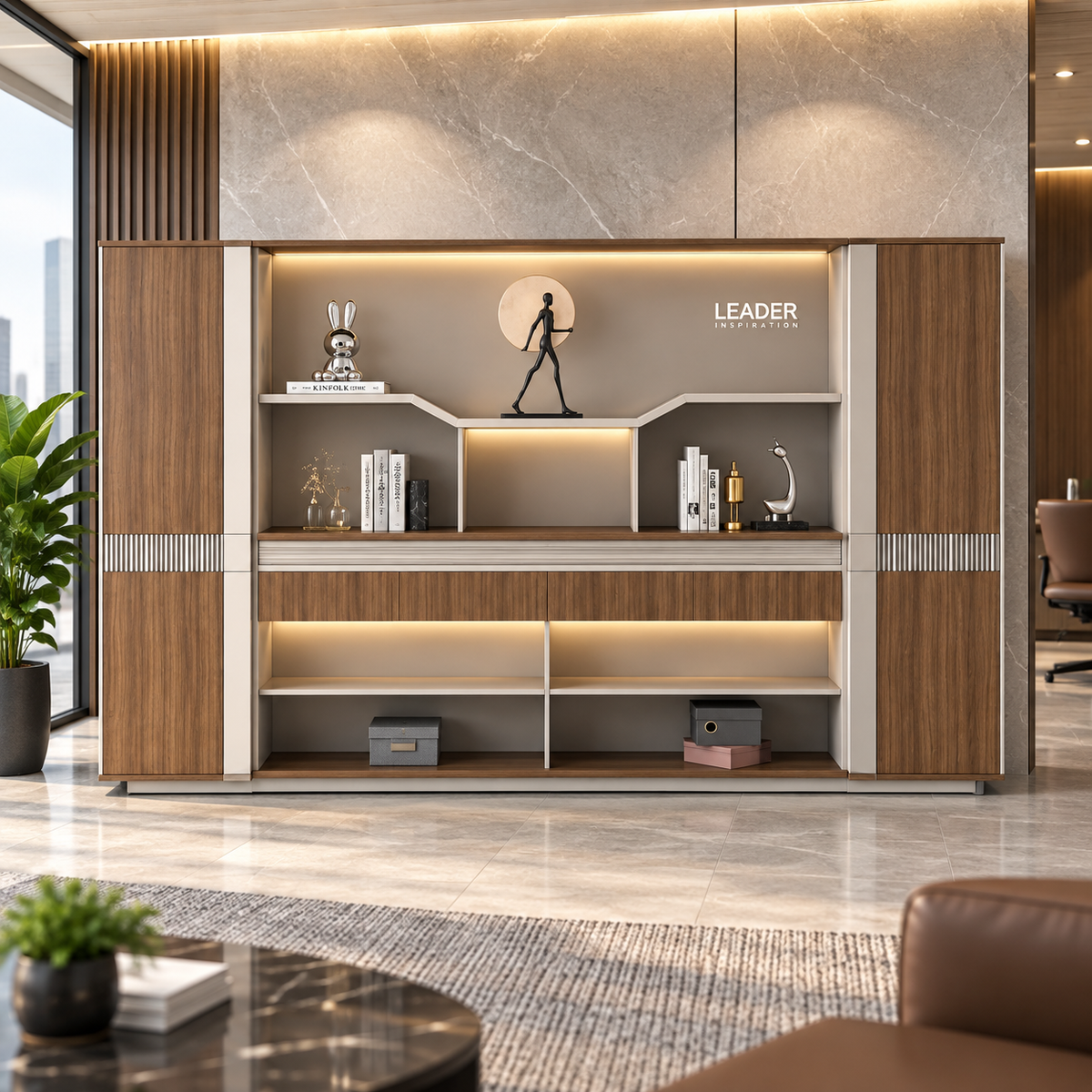 Luxury Office Back Storage Unit with LED Display Shelves, Tall Side Cabinets and Open Storage for Director Cabins and Modern Workspaces