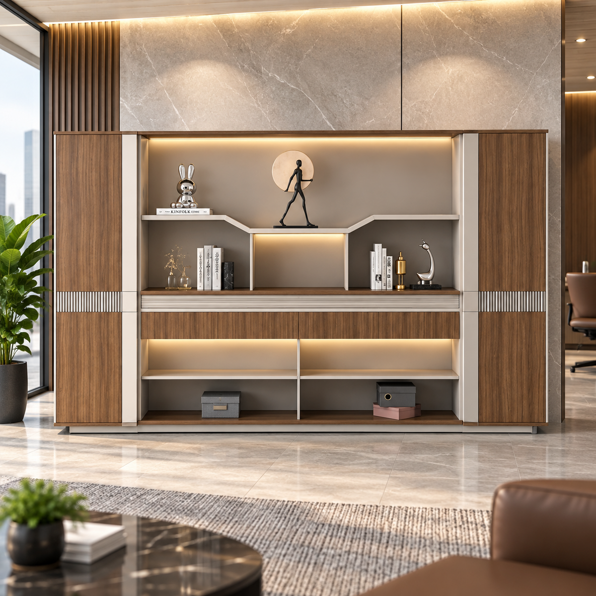 Luxury Office Back Storage Unit with LED Display Shelves, Tall Side Cabinets and Open Storage for Director Cabins and Modern Workspaces