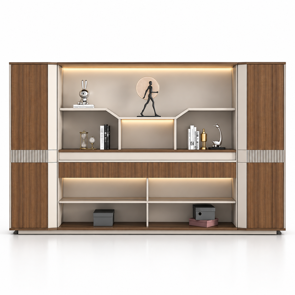 Luxury Office Back Storage Unit with LED Display Shelves, Tall Side Cabinets and Open Storage for Director Cabins and Modern Workspaces
