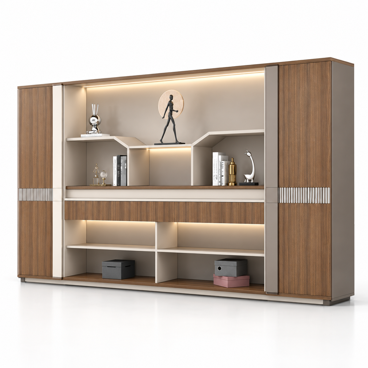 Luxury Office Back Storage Unit with LED Display Shelves, Tall Side Cabinets and Open Storage for Director Cabins and Modern Workspaces