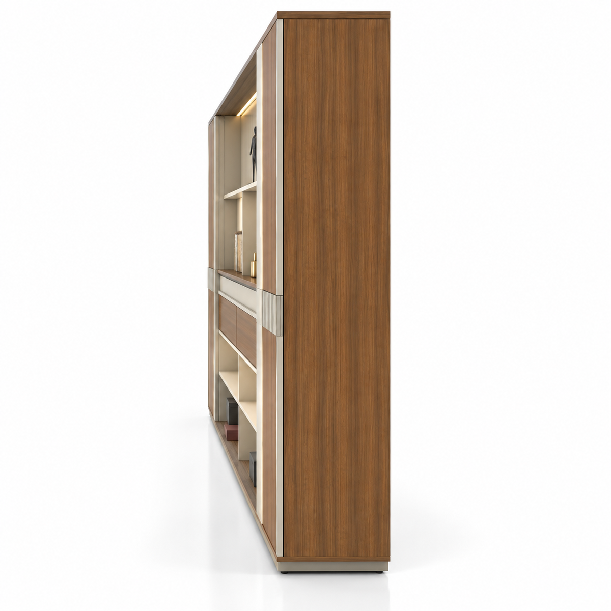 Luxury Office Back Storage Unit with LED Display Shelves, Tall Side Cabinets and Open Storage for Director Cabins and Modern Workspaces