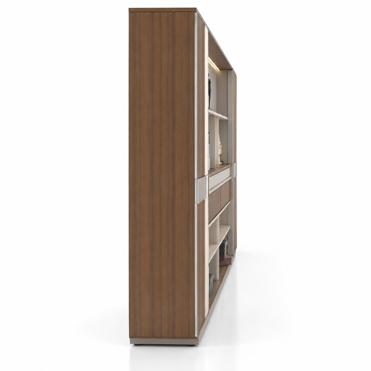 Luxury Office Back Storage Unit with LED Display Shelves, Tall Side Cabinets and Open Storage for Director Cabins and Modern Workspaces