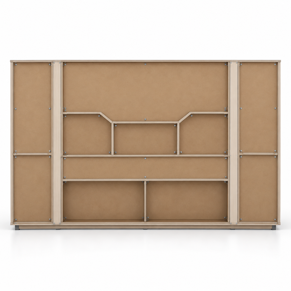 Luxury Office Back Storage Unit with LED Display Shelves, Tall Side Cabinets and Open Storage for Director Cabins and Modern Workspaces