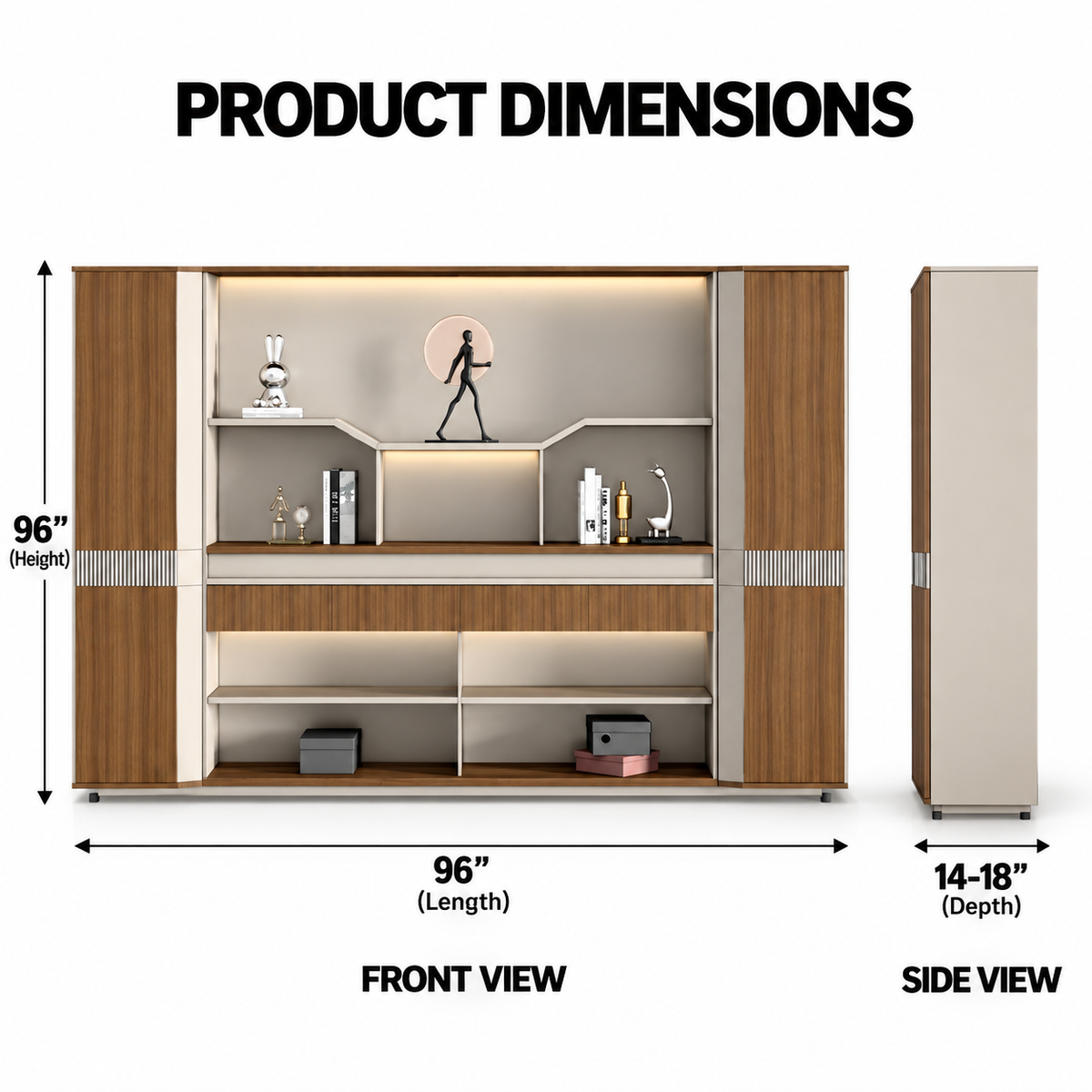 Luxury Office Back Storage Unit with LED Display Shelves, Tall Side Cabinets and Open Storage for Director Cabins and Modern Workspaces
