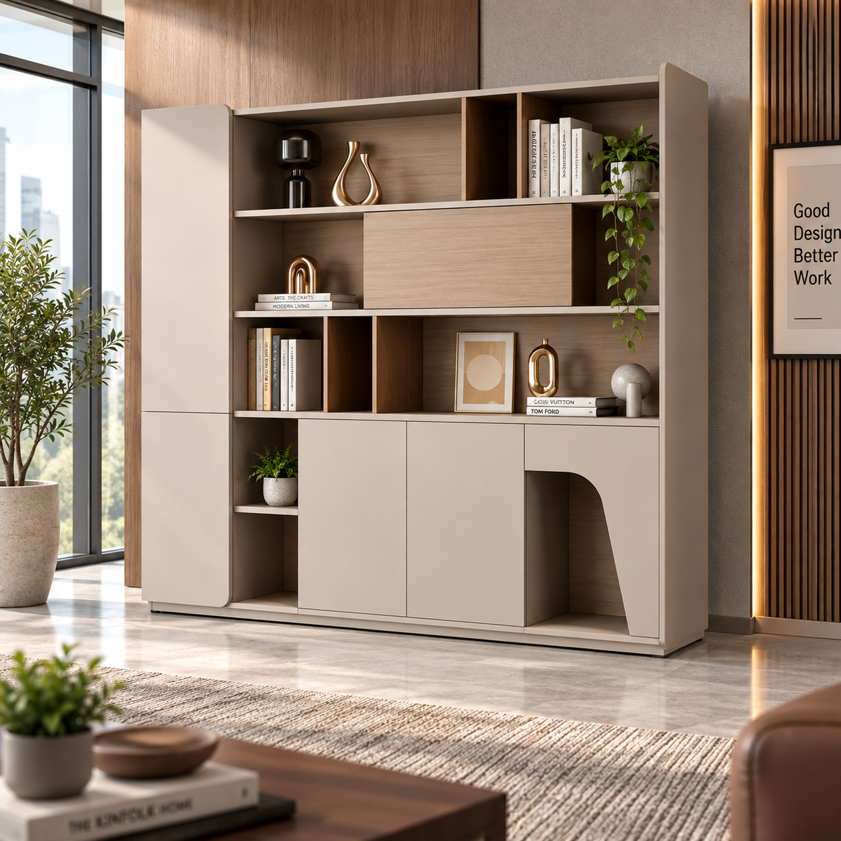 Modern Office Back Storage Unit with Curved Open Display Shelves, Closed Cabinets and Multi-Level Storage for Director Cabins and Workspaces