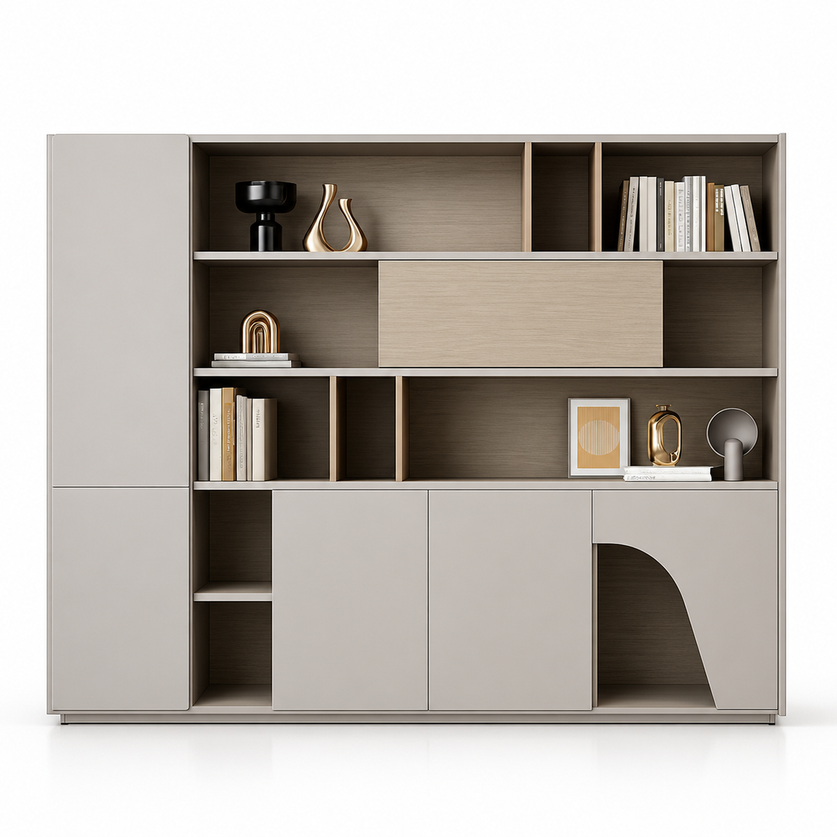 Modern Office Back Storage Unit with Curved Open Display Shelves, Closed Cabinets and Multi-Level Storage for Director Cabins and Workspaces