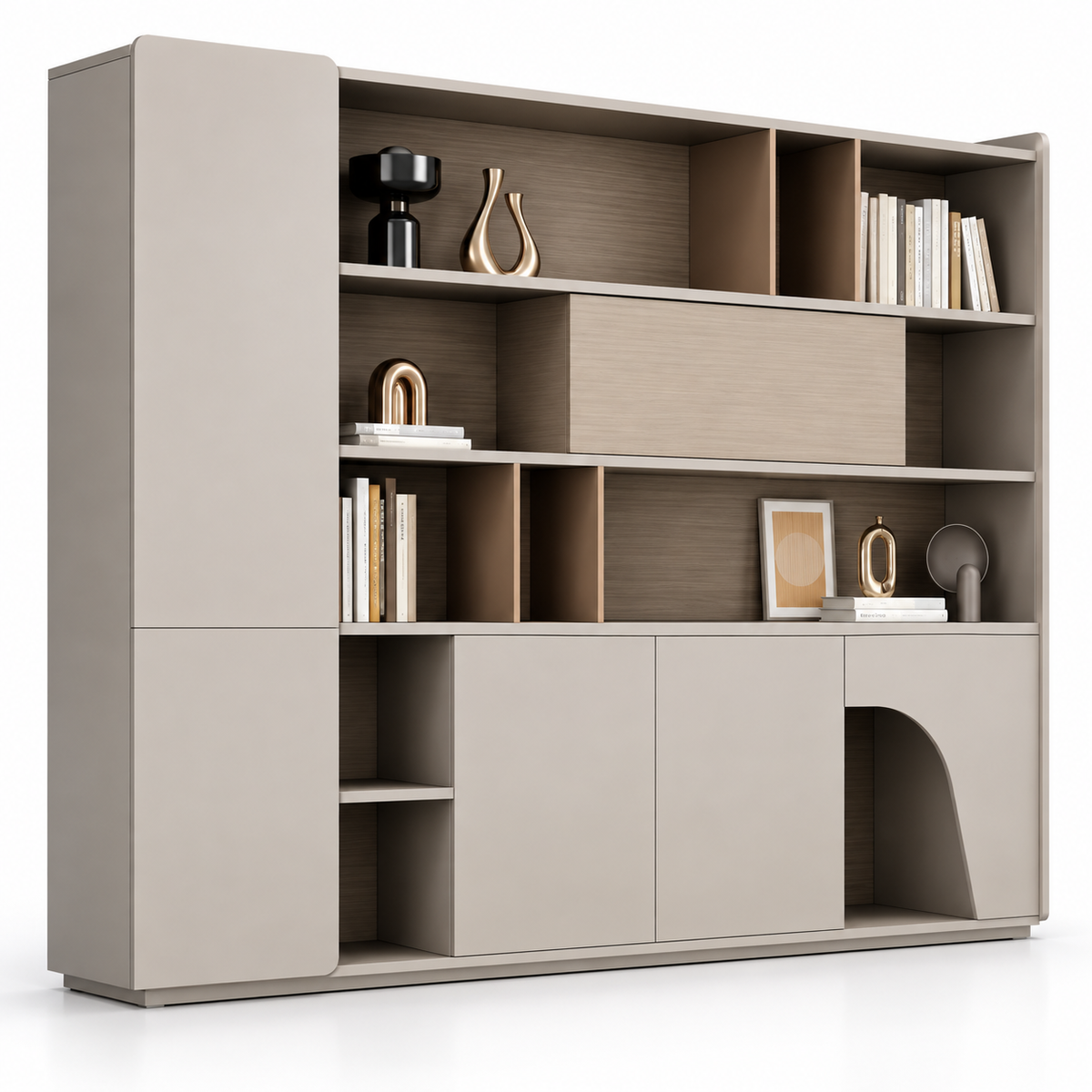 Modern Office Back Storage Unit with Curved Open Display Shelves, Closed Cabinets and Multi-Level Storage for Director Cabins and Workspaces
