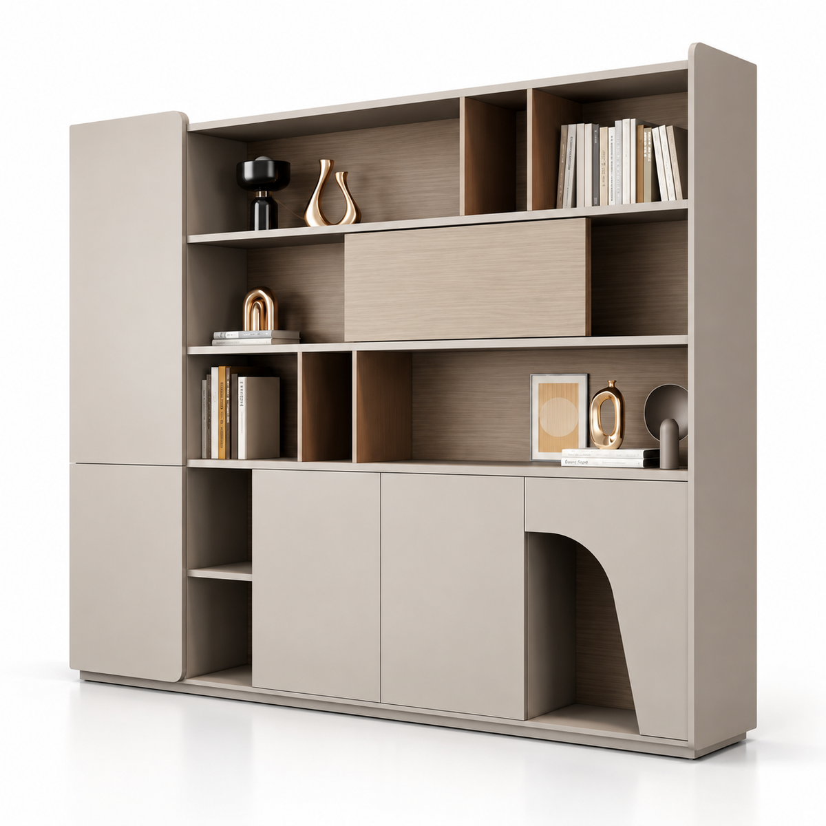 Modern Office Back Storage Unit with Curved Open Display Shelves, Closed Cabinets and Multi-Level Storage for Director Cabins and Workspaces