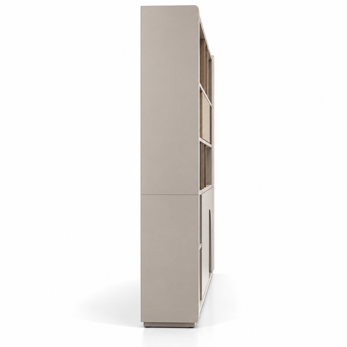 Modern Office Back Storage Unit with Curved Open Display Shelves, Closed Cabinets and Multi-Level Storage for Director Cabins and Workspaces