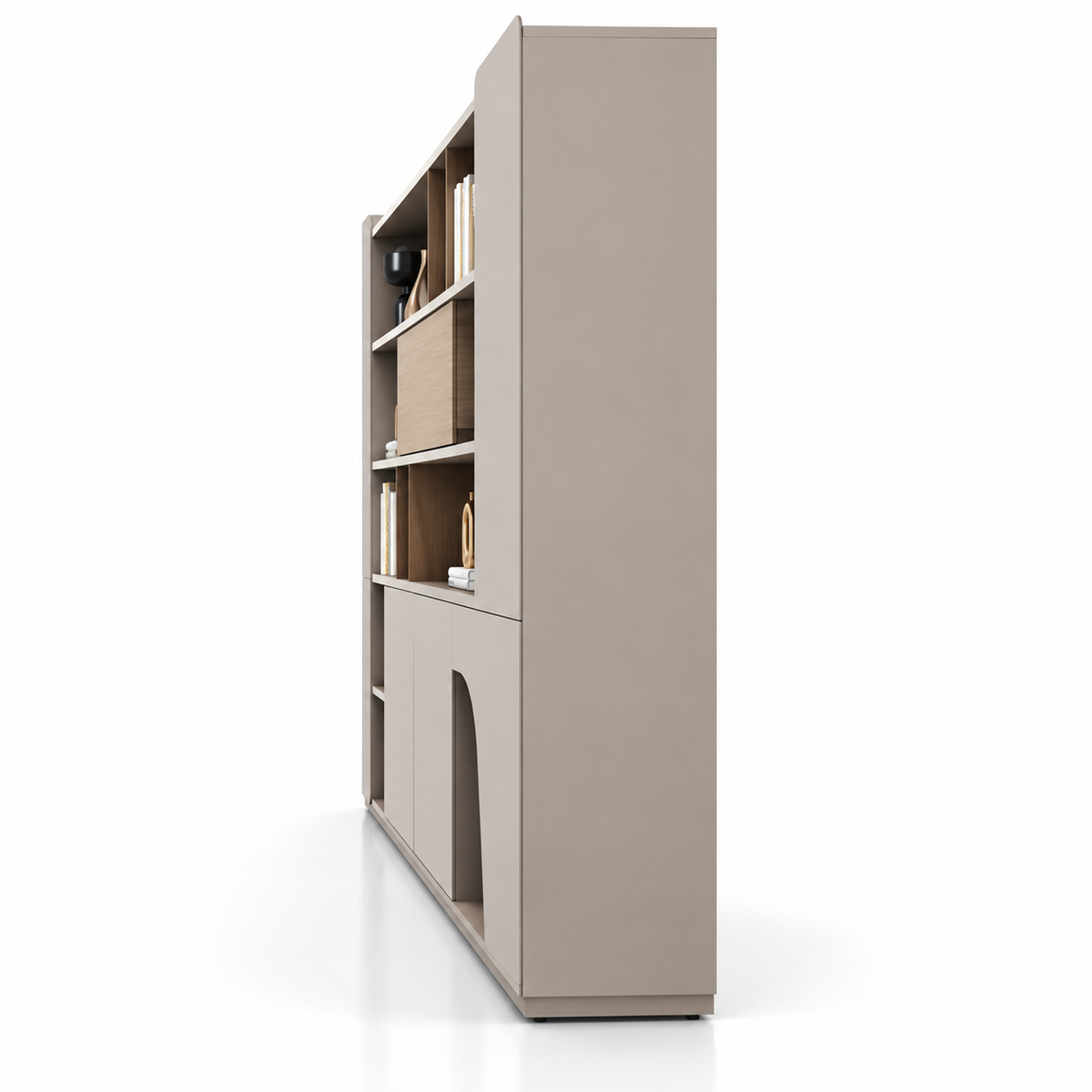 Modern Office Back Storage Unit with Curved Open Display Shelves, Closed Cabinets and Multi-Level Storage for Director Cabins and Workspaces