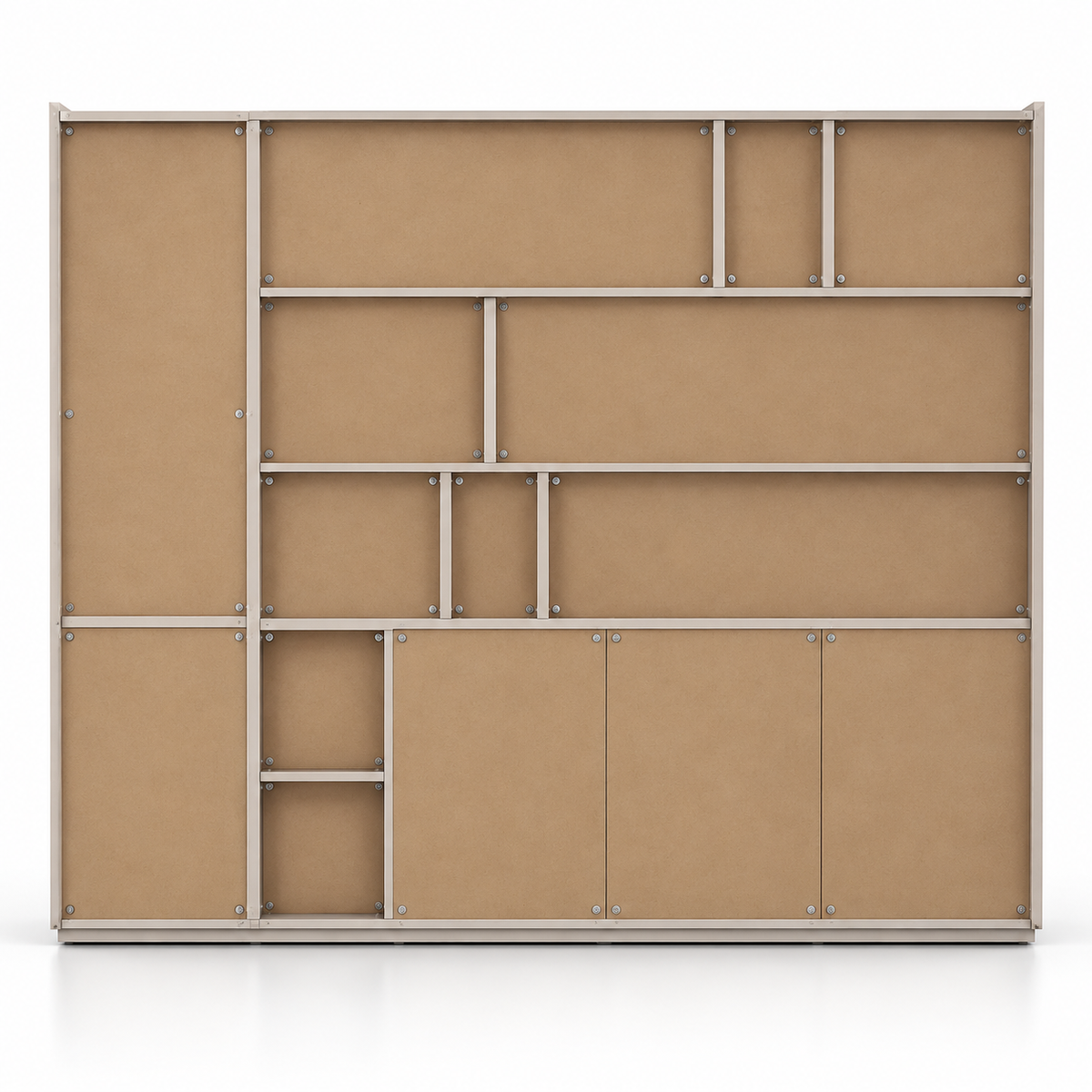 Modern Office Back Storage Unit with Curved Open Display Shelves, Closed Cabinets and Multi-Level Storage for Director Cabins and Workspaces