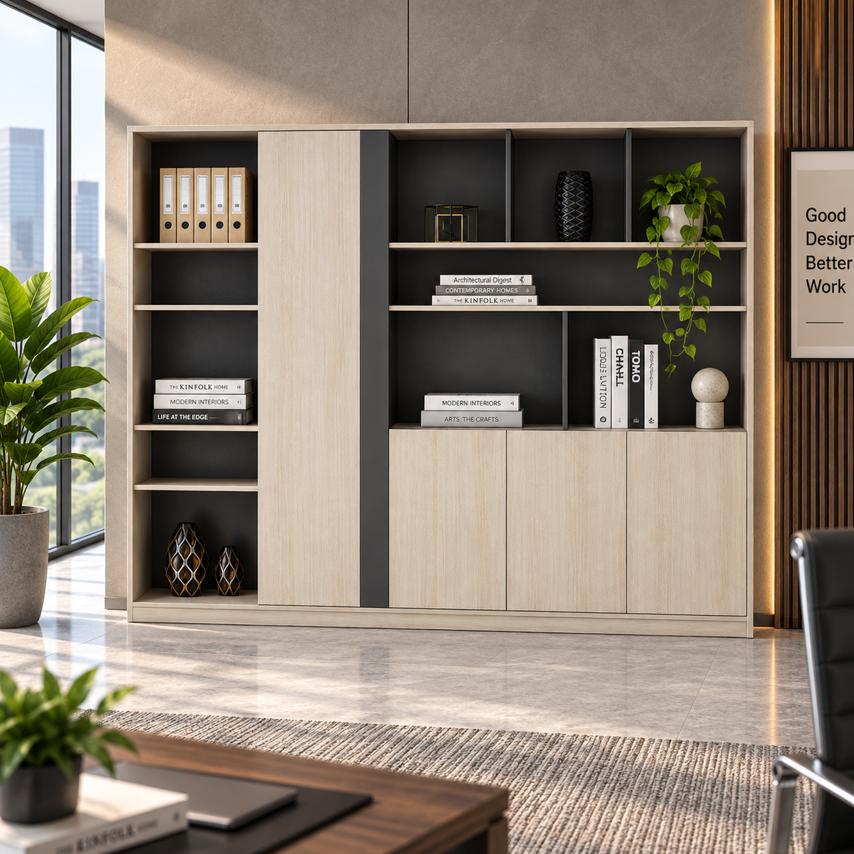Modern Office Back Storage Unit with Open Display Shelves, Sliding Door and Closed Cabinets for Director Cabins and Workspaces
