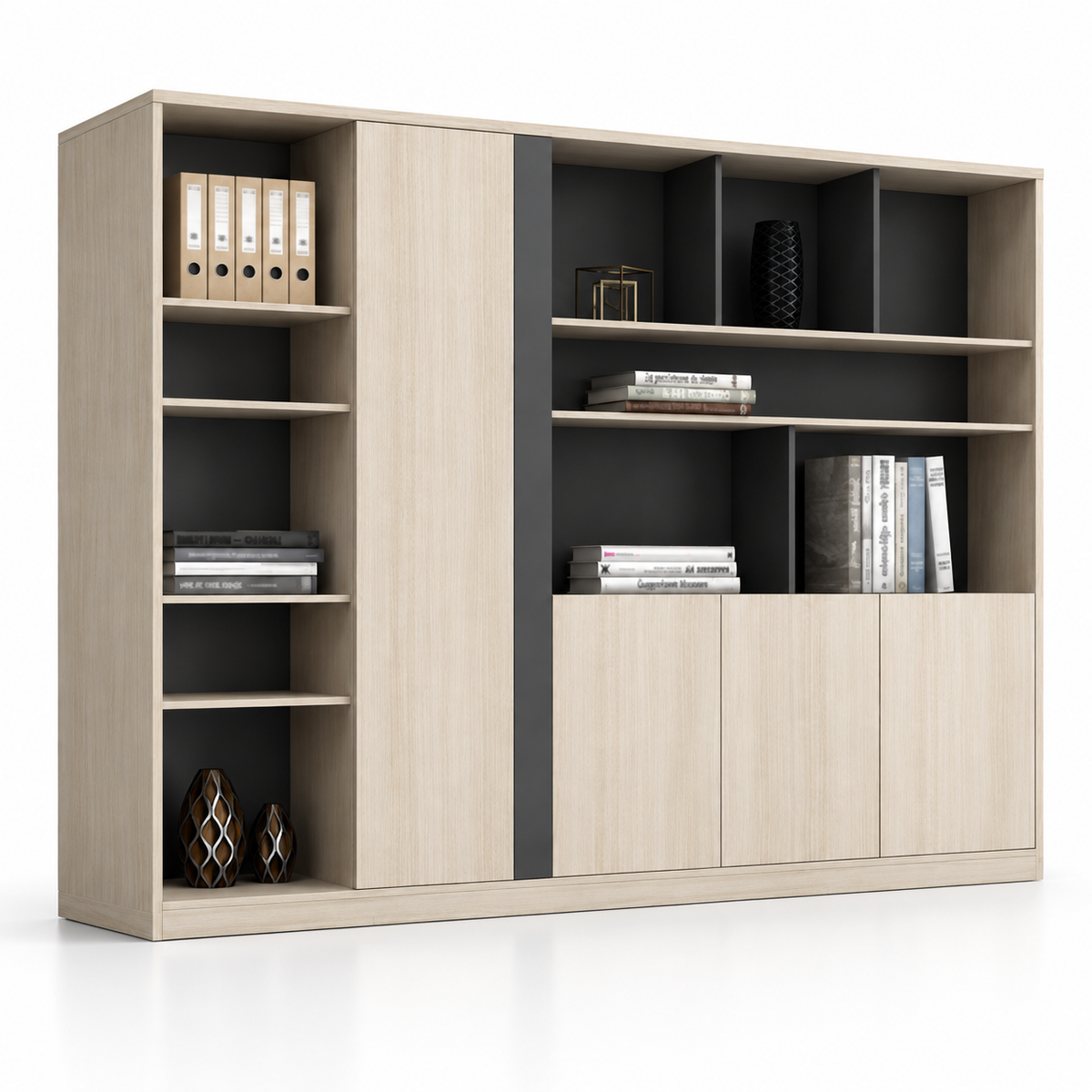 Modern Office Back Storage Unit with Open Display Shelves, Sliding Door and Closed Cabinets for Director Cabins and Workspaces