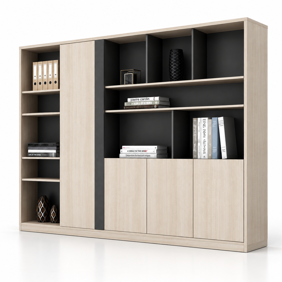 Modern Office Back Storage Unit with Open Display Shelves, Sliding Door and Closed Cabinets for Director Cabins and Workspaces
