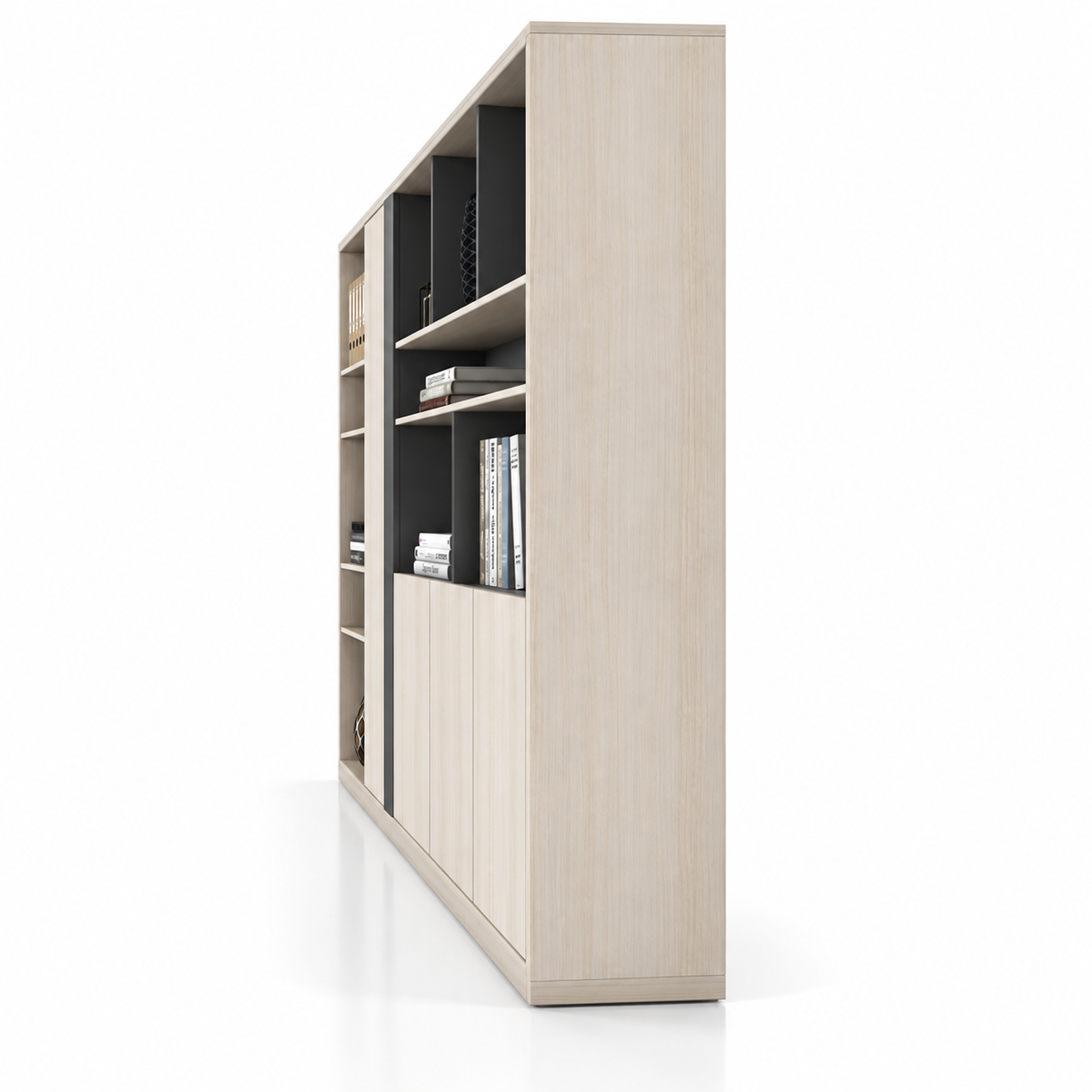 Modern Office Back Storage Unit with Open Display Shelves, Sliding Door and Closed Cabinets for Director Cabins and Workspaces