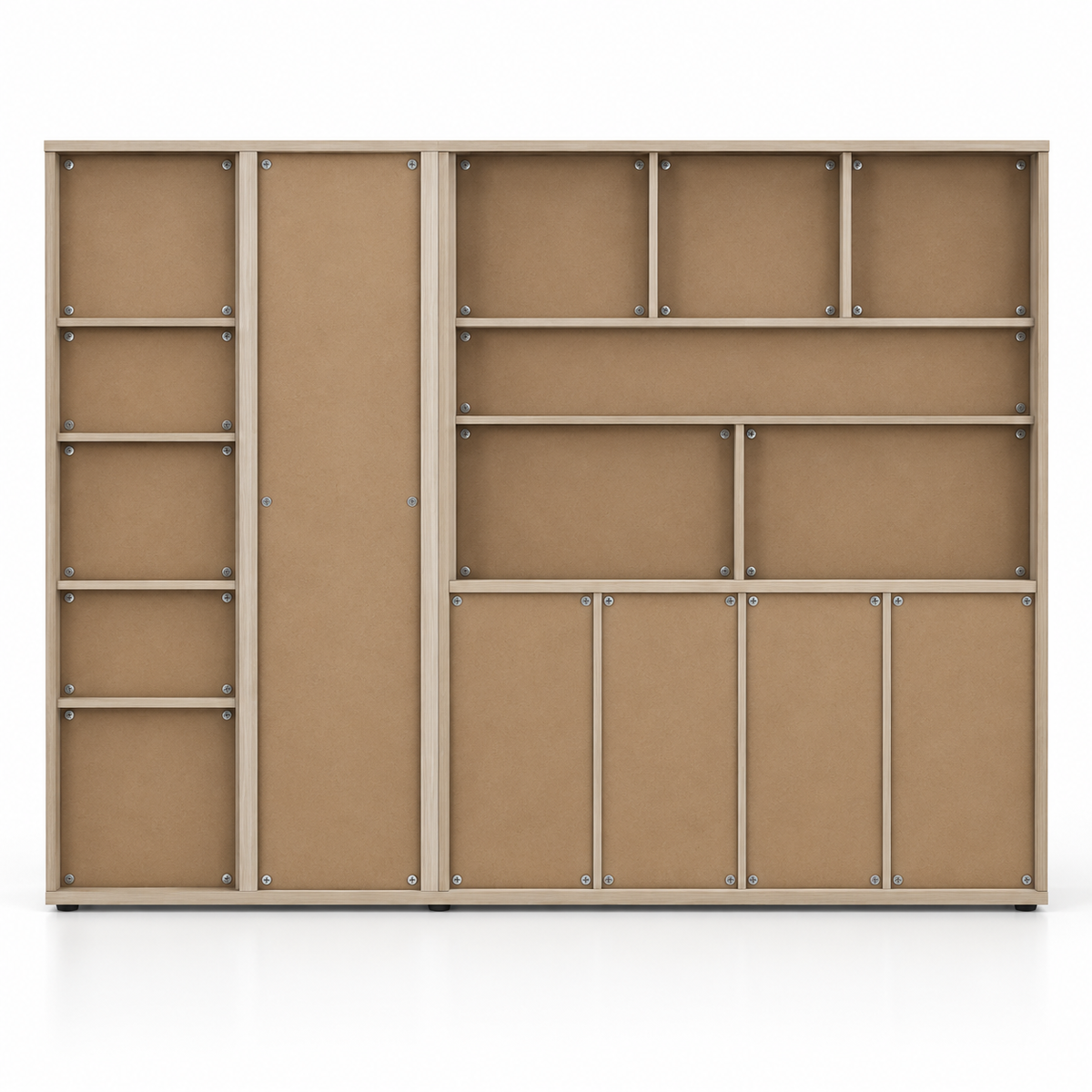 Modern Office Back Storage Unit with Open Display Shelves, Sliding Door and Closed Cabinets for Director Cabins and Workspaces