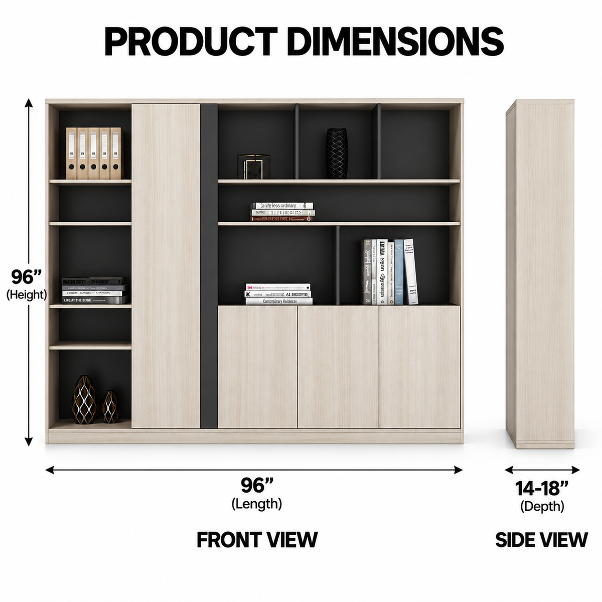 Modern Office Back Storage Unit with Open Display Shelves, Sliding Door and Closed Cabinets for Director Cabins and Workspaces