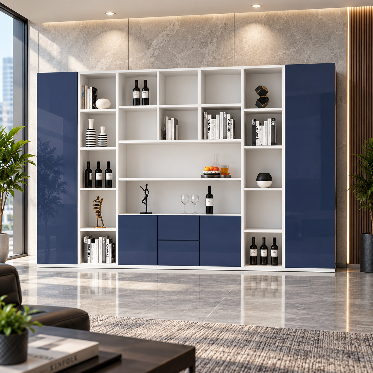 Modern Office Back Storage Unit with Open Display Shelves, Tall Side Cabinets and Closed Storage for Director Cabins and Workspaces