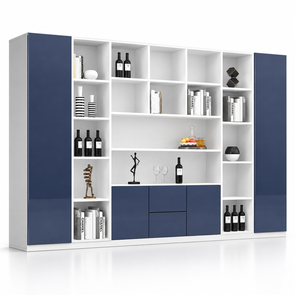Modern Office Back Storage Unit with Open Display Shelves, Tall Side Cabinets and Closed Storage for Director Cabins and Workspaces