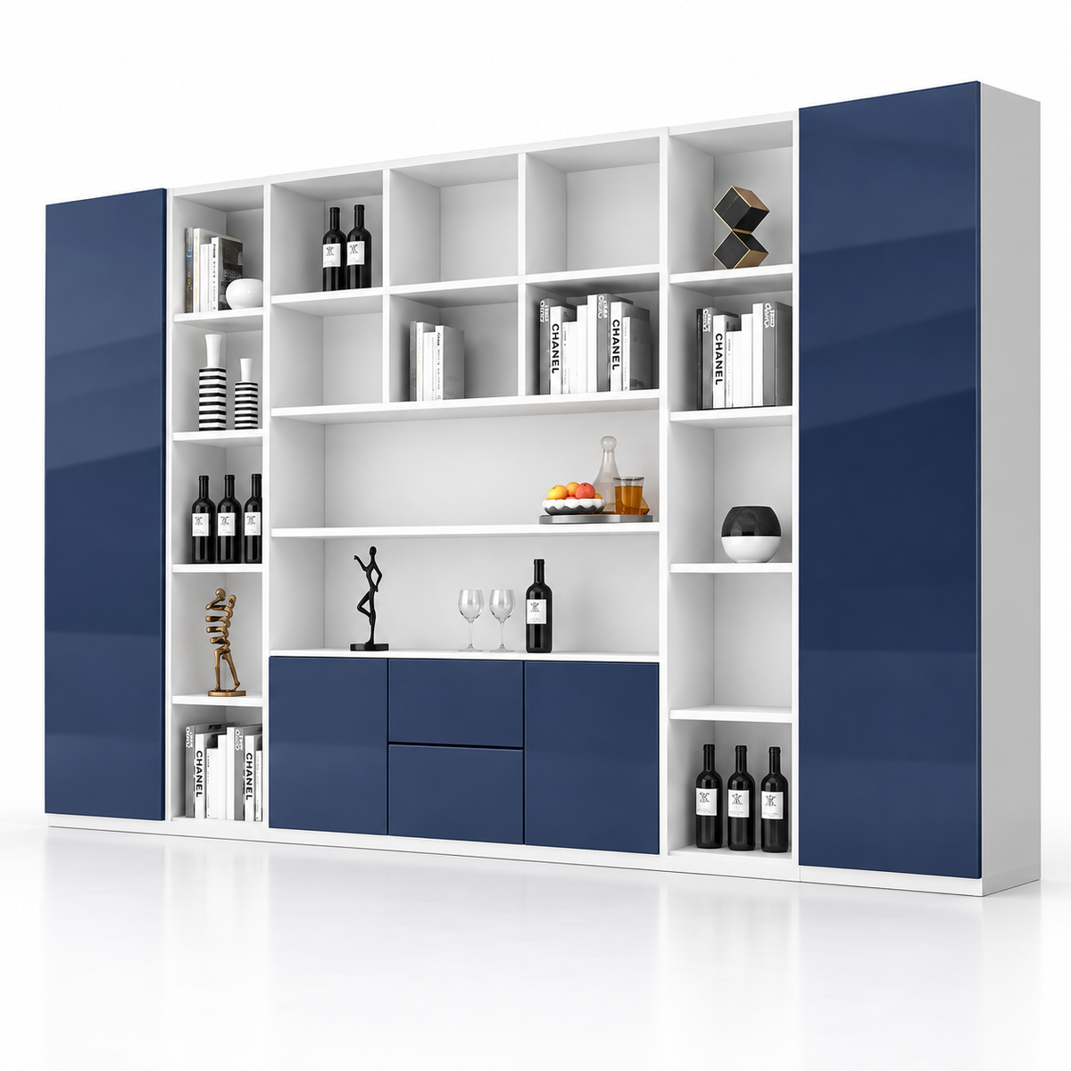 Modern Office Back Storage Unit with Open Display Shelves, Tall Side Cabinets and Closed Storage for Director Cabins and Workspaces