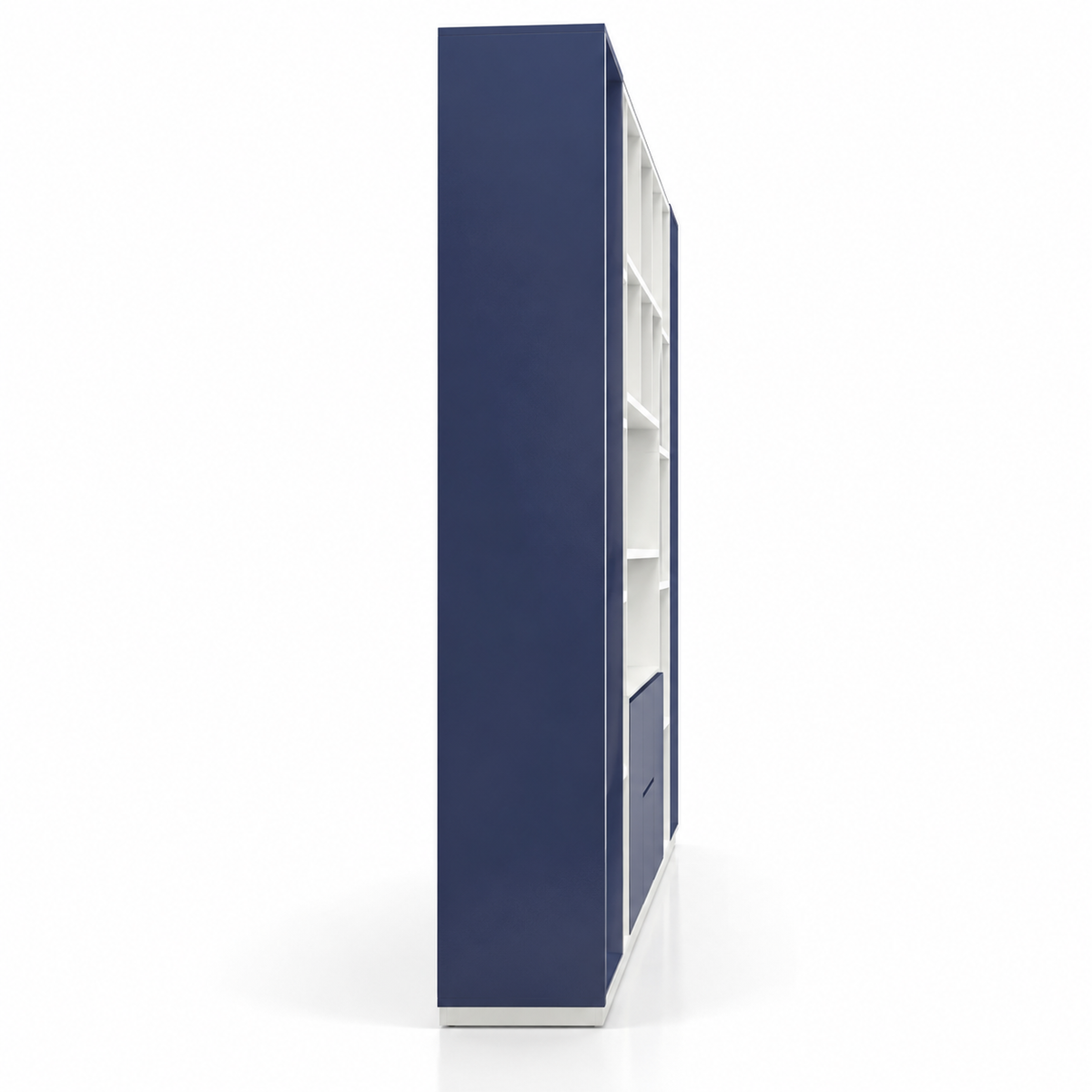 Modern Office Back Storage Unit with Open Display Shelves, Tall Side Cabinets and Closed Storage for Director Cabins and Workspaces