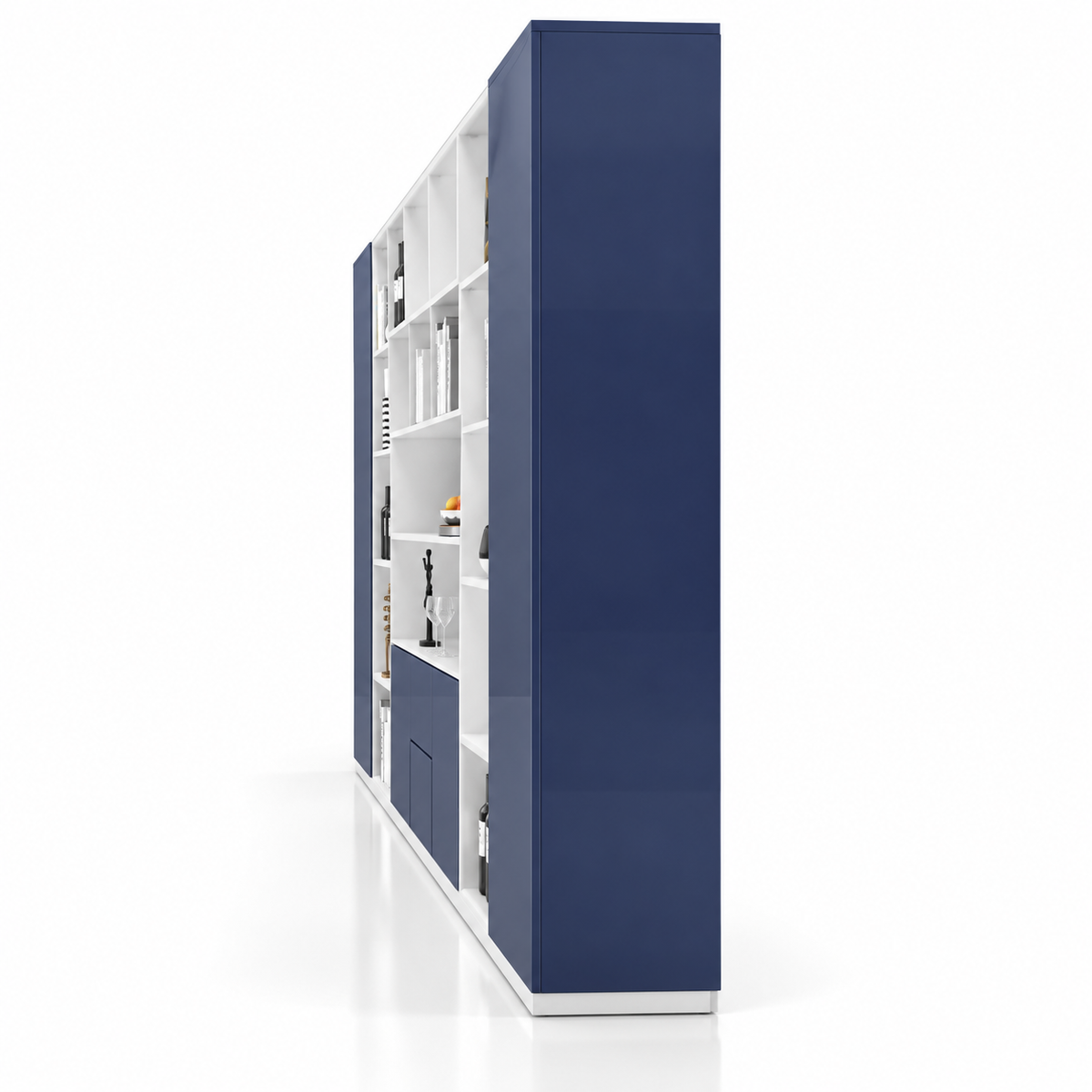 Modern Office Back Storage Unit with Open Display Shelves, Tall Side Cabinets and Closed Storage for Director Cabins and Workspaces