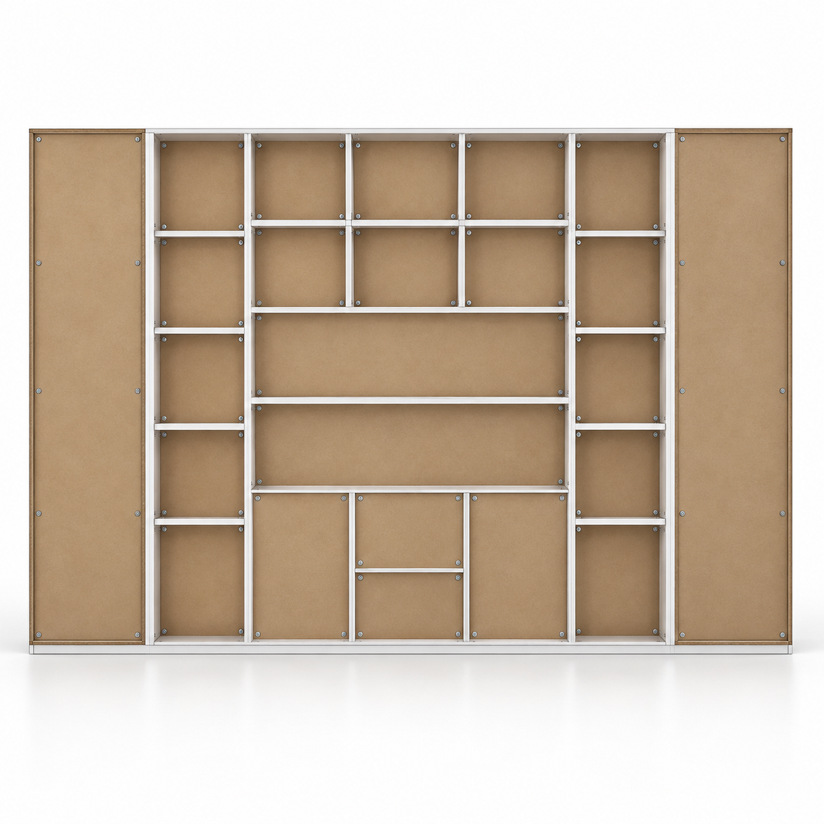 Modern Office Back Storage Unit with Open Display Shelves, Tall Side Cabinets and Closed Storage for Director Cabins and Workspaces