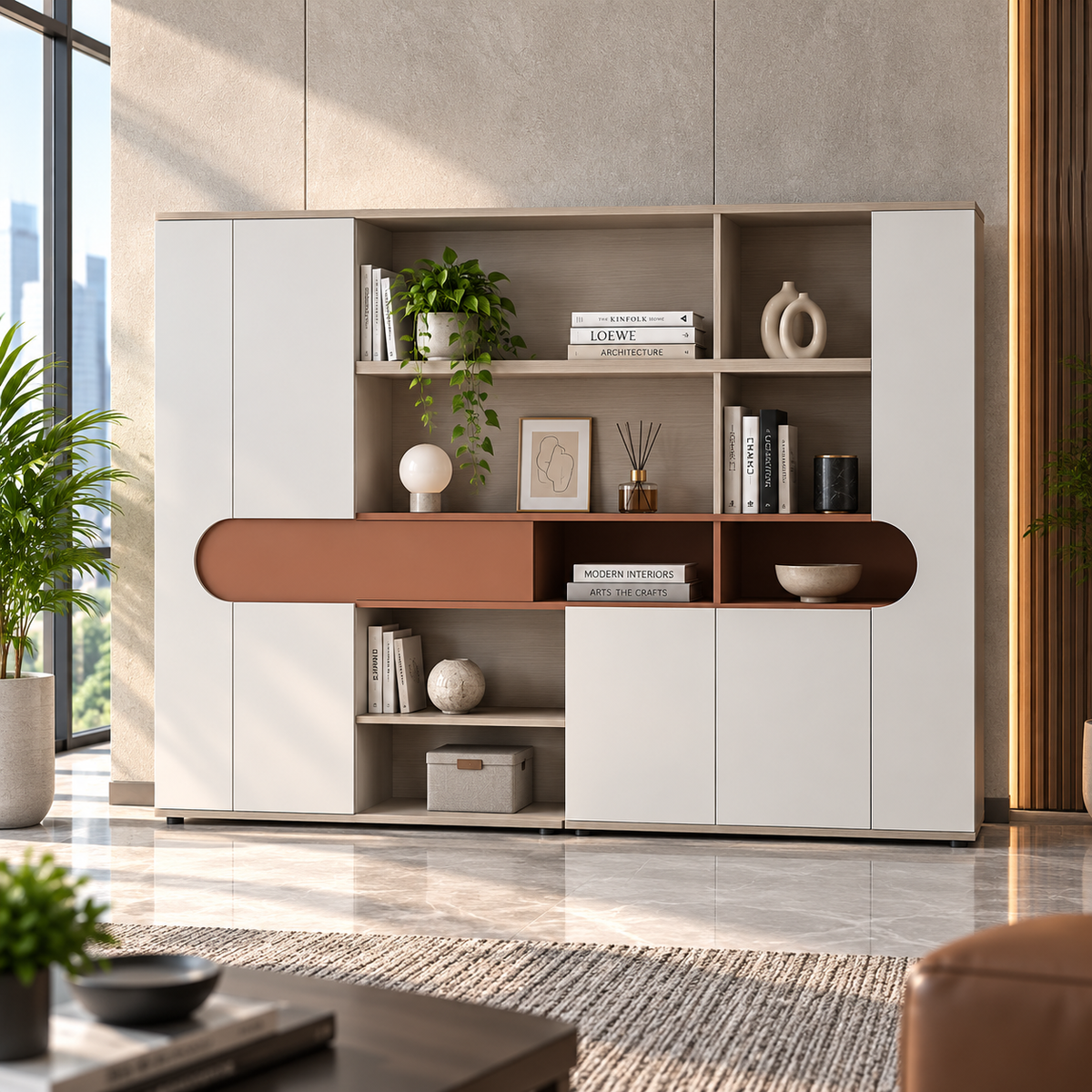 Modern Office Back Storage Unit with Curved Display Shelf, Open Compartments and Closed Cabinets for Director Cabins and Workspaces