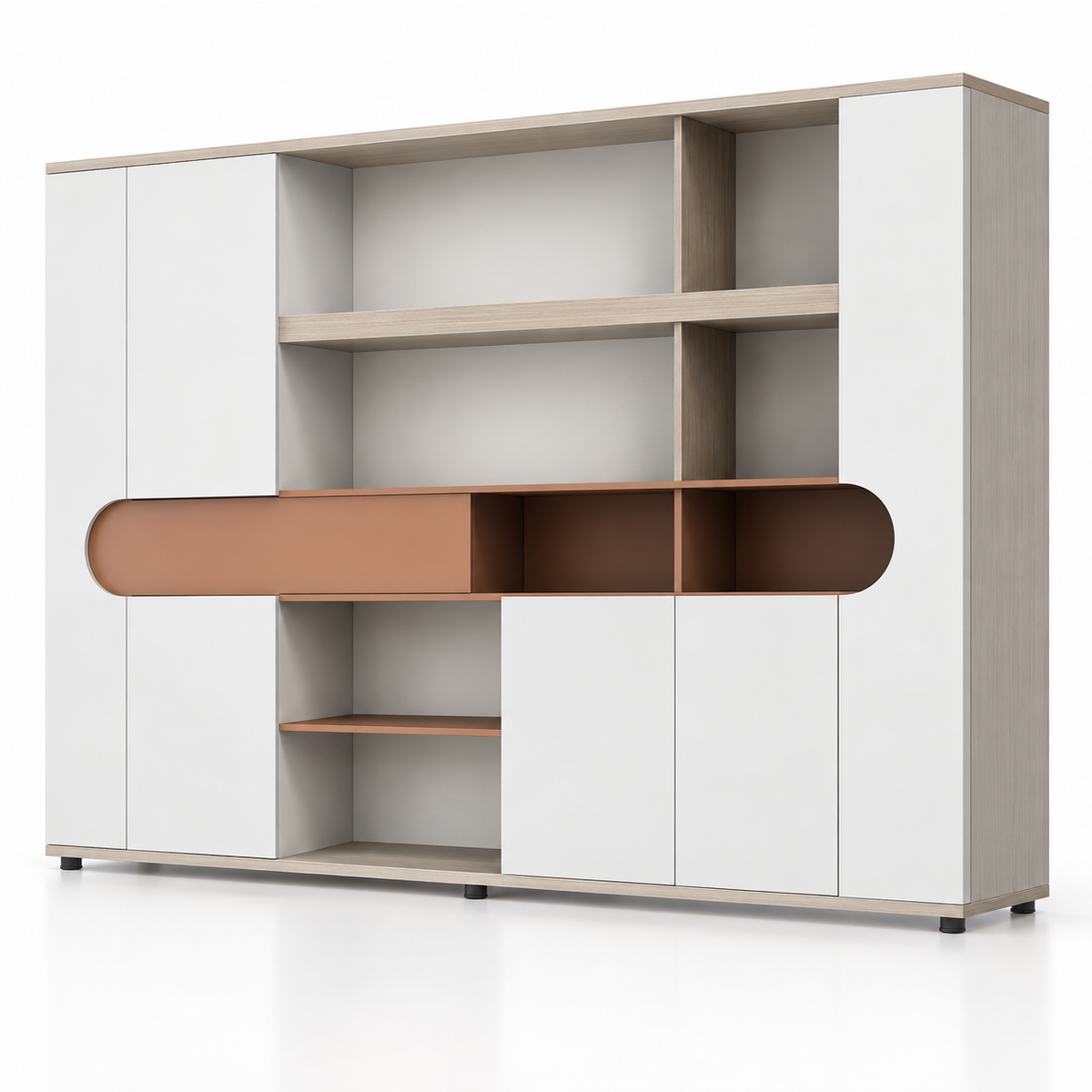 Modern Office Back Storage Unit with Curved Display Shelf, Open Compartments and Closed Cabinets for Director Cabins and Workspaces