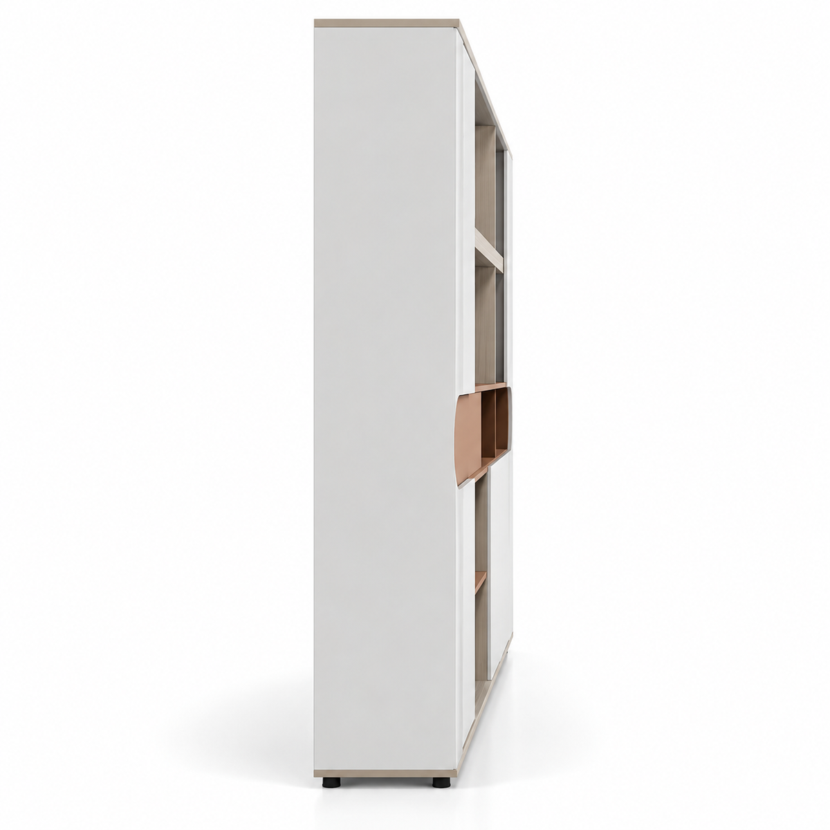 Modern Office Back Storage Unit with Curved Display Shelf, Open Compartments and Closed Cabinets for Director Cabins and Workspaces