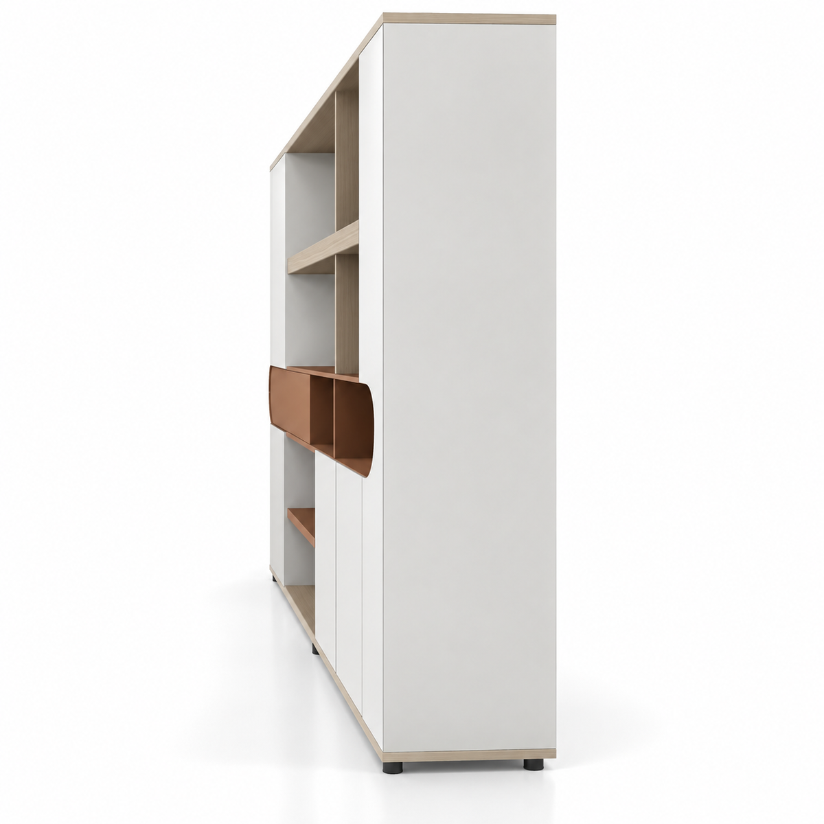 Modern Office Back Storage Unit with Curved Display Shelf, Open Compartments and Closed Cabinets for Director Cabins and Workspaces