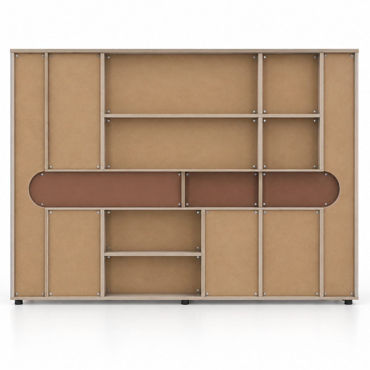 Modern Office Back Storage Unit with Curved Display Shelf, Open Compartments and Closed Cabinets for Director Cabins and Workspaces