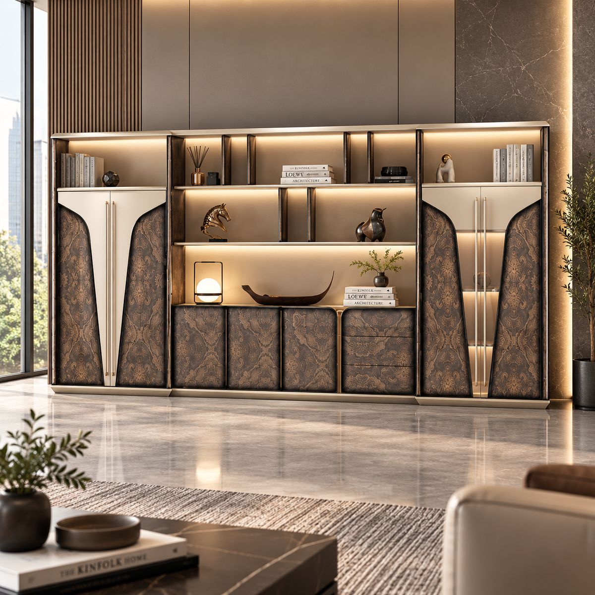 Luxury Office Back Storage Unit with LED Display Shelves, Fluted Glass Panels, Curved Cabinets and Drawers for Director Cabins