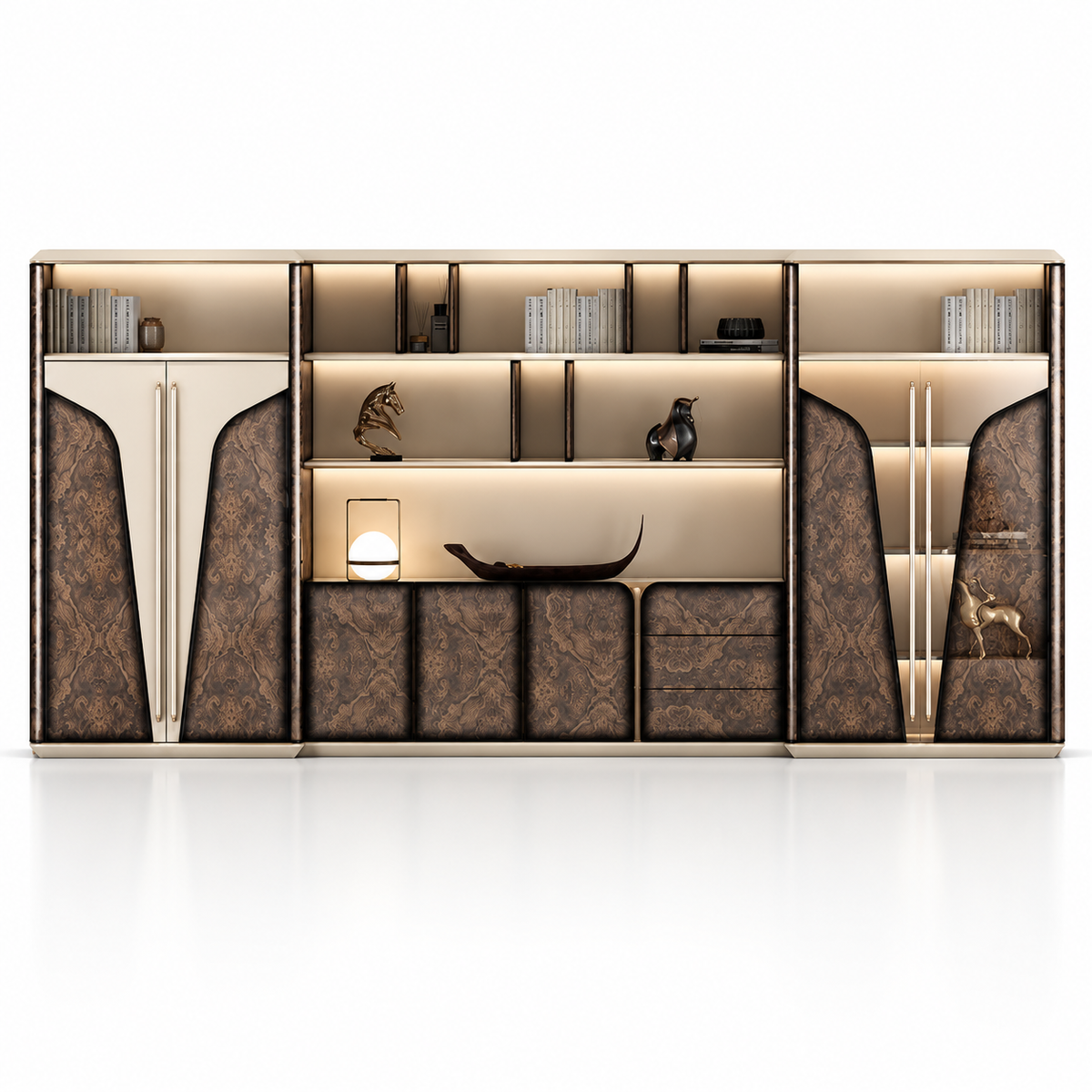 Luxury Office Back Storage Unit with LED Display Shelves, Fluted Glass Panels, Curved Cabinets and Drawers for Director Cabins